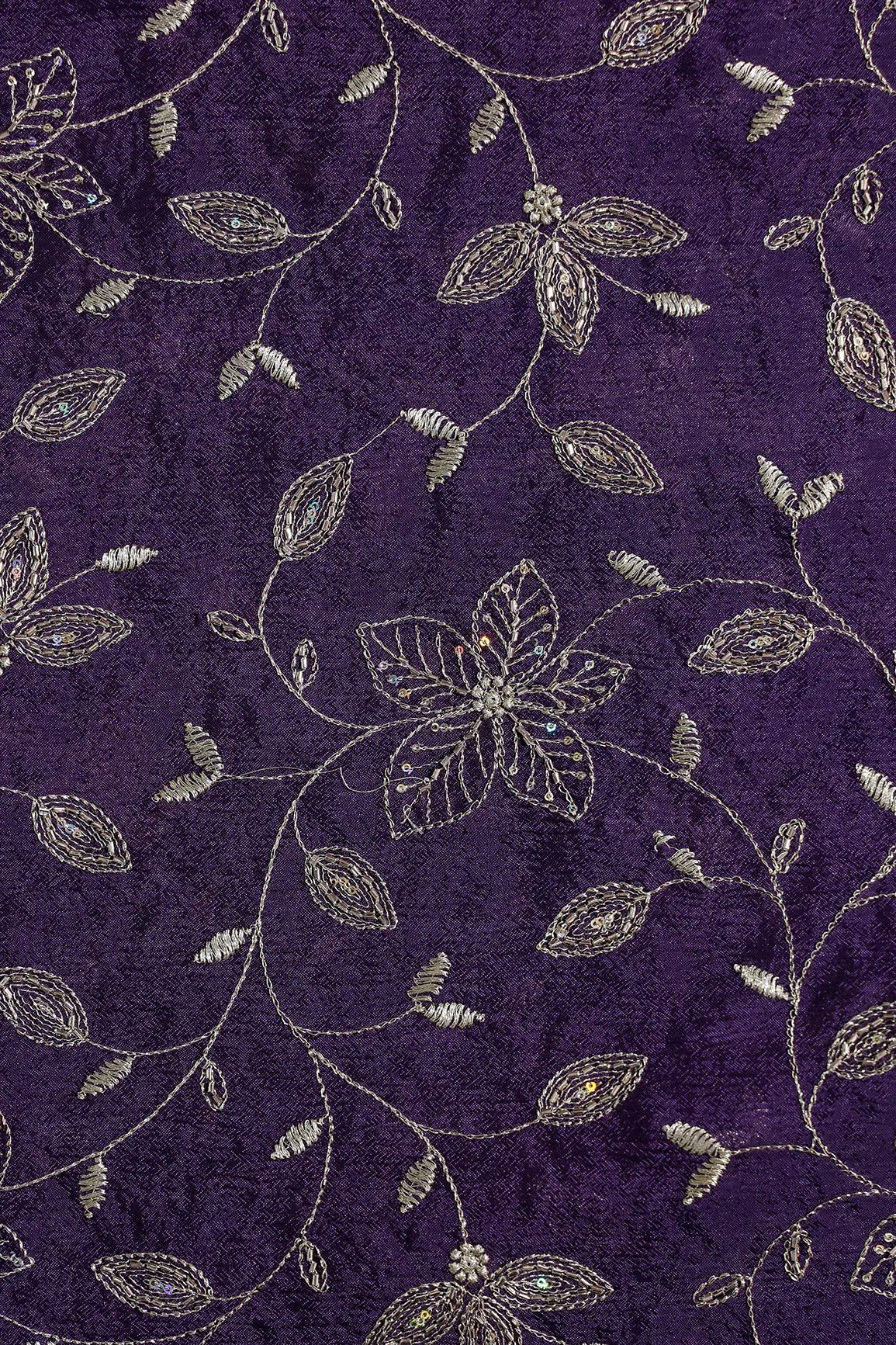 Multi Sequins & Beads With Zari Floral Leafy Embroidery Work On Dark Purple Chinnon Chiffon Fabric
