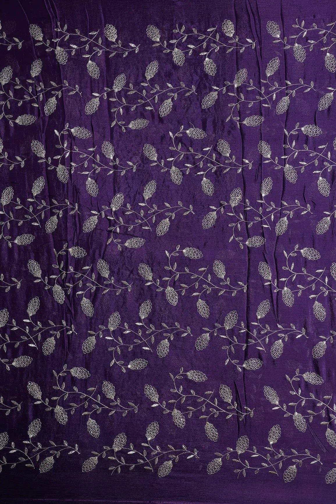 Gold Zari With Beads Leafy Embroidery Work On Dark Purple Chinnon Chiffon Fabric