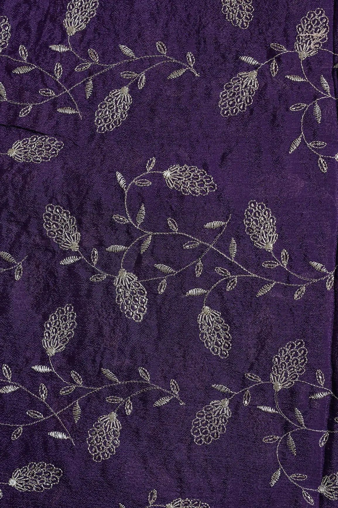 Gold Zari With Beads Leafy Embroidery Work On Dark Purple Chinnon Chiffon Fabric