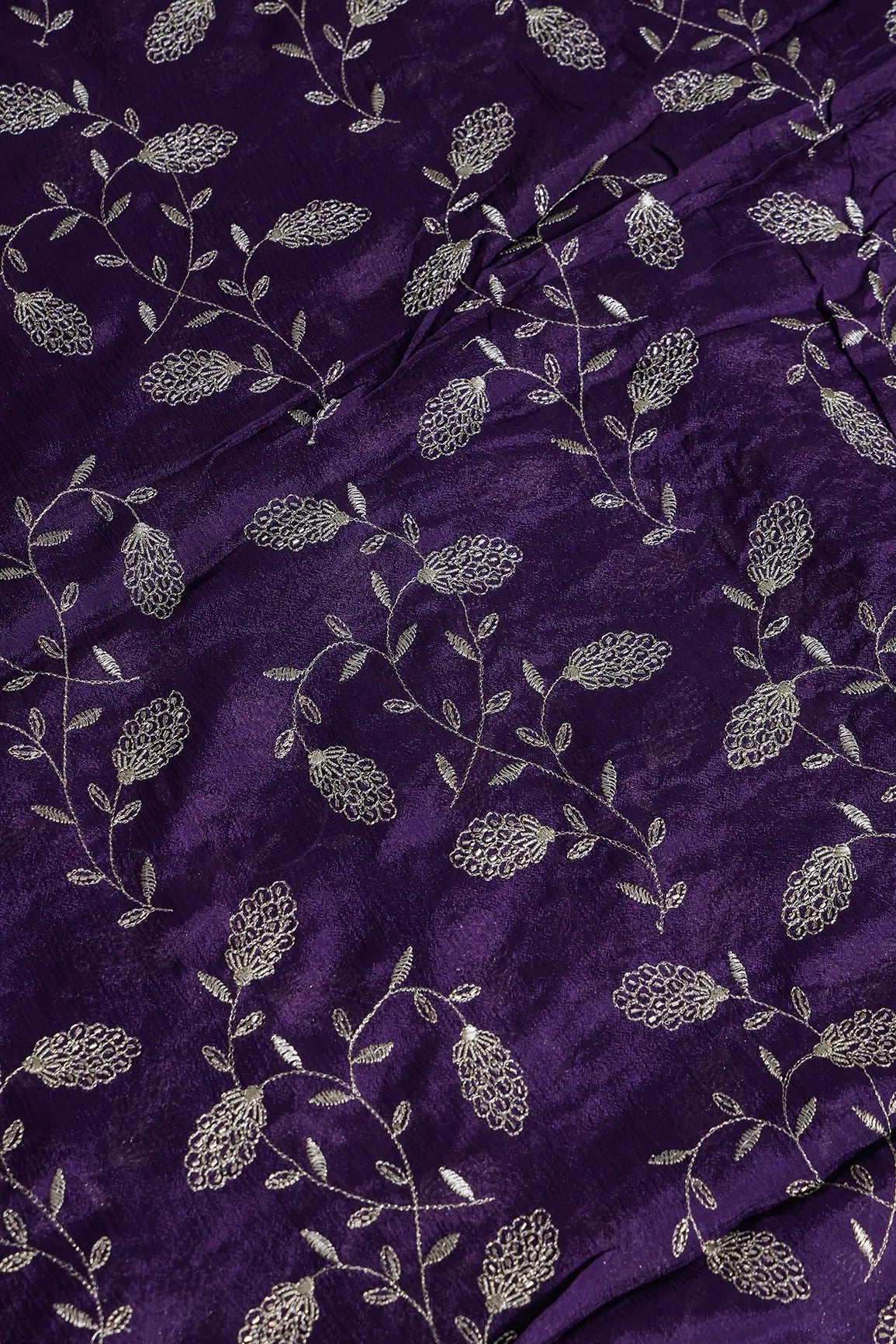 Gold Zari With Beads Leafy Embroidery Work On Dark Purple Chinnon Chiffon Fabric