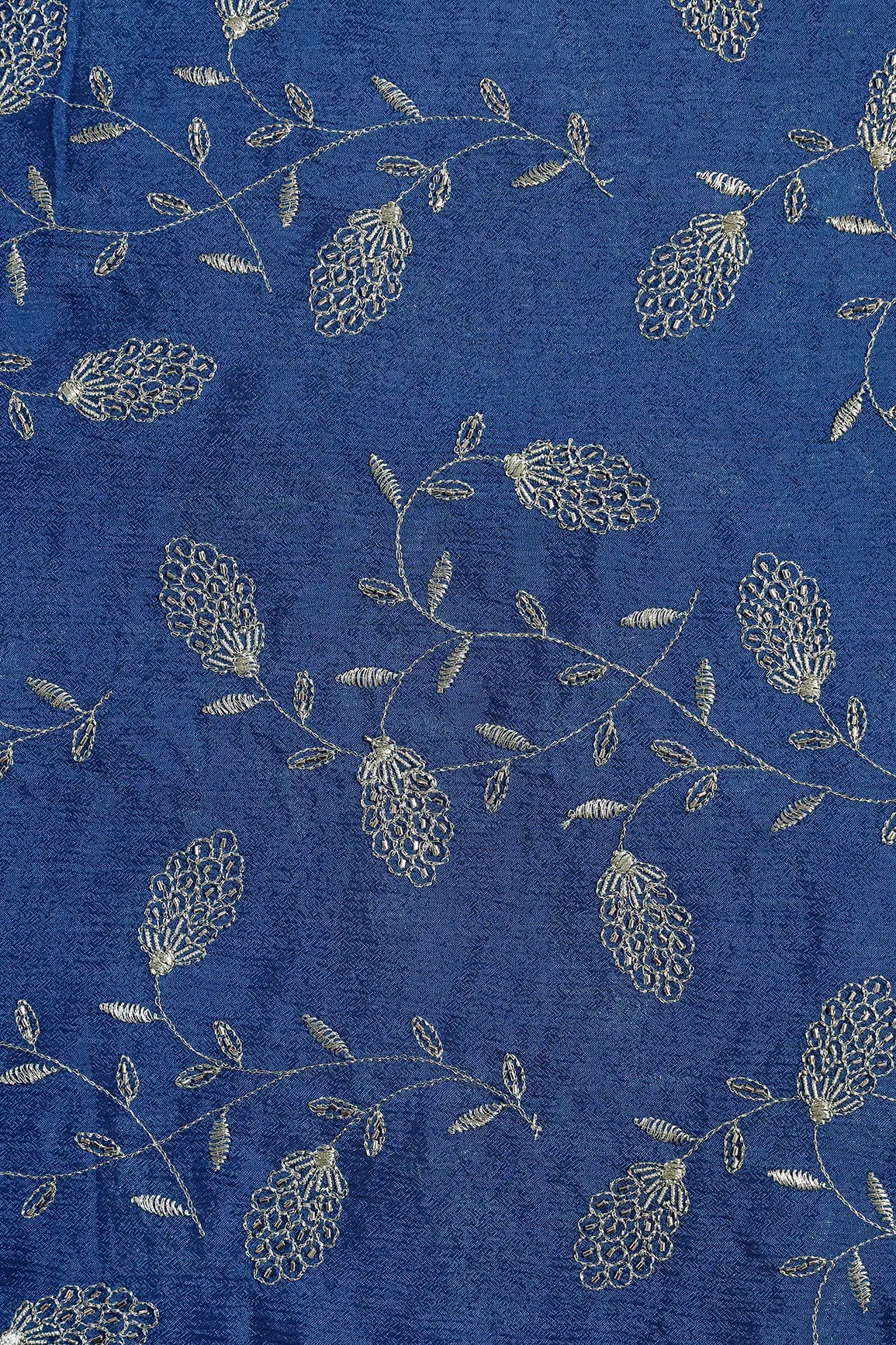 Gold Zari With Beads Leafy Embroidery Work On Prussian Blue Chinnon Chiffon Fabric