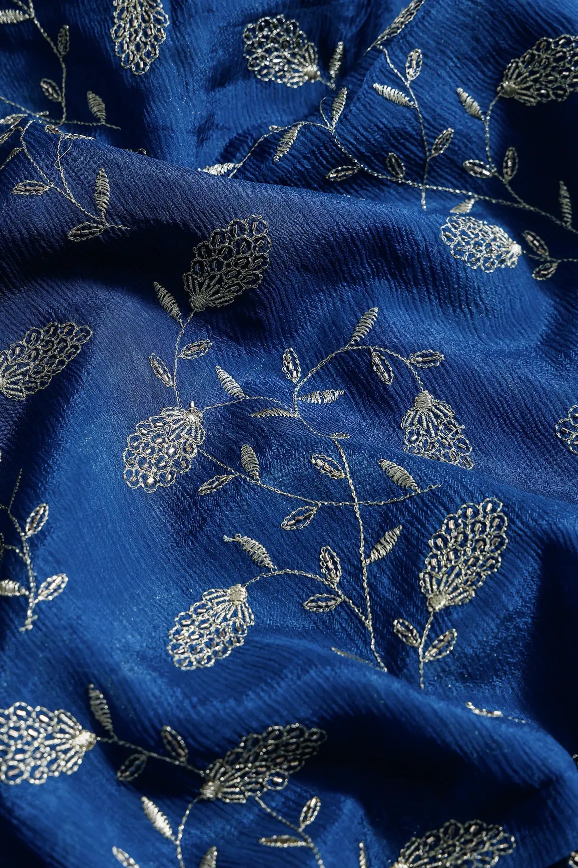 Gold Zari With Beads Leafy Embroidery Work On Prussian Blue Chinnon Chiffon Fabric