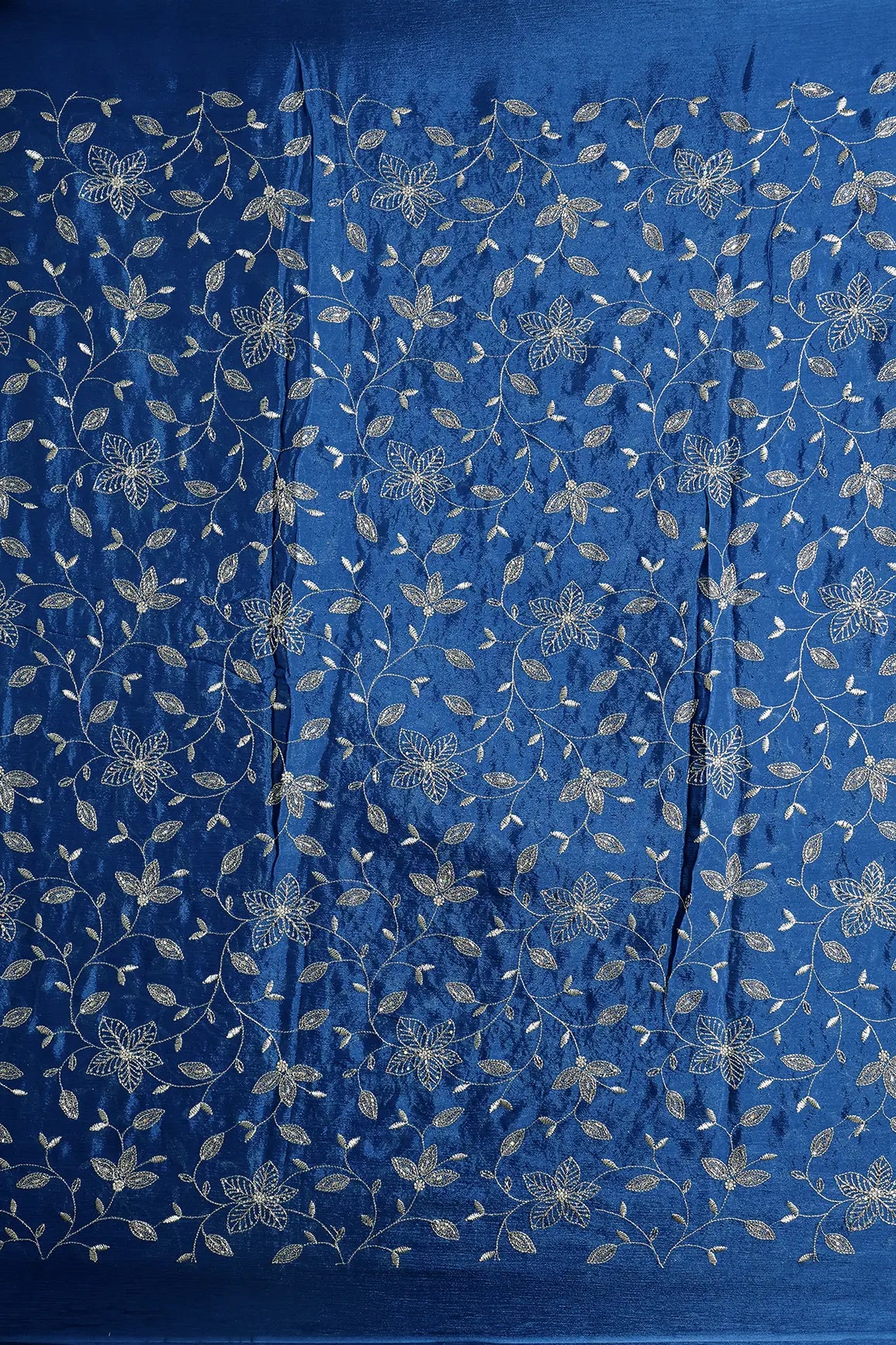 Multi Sequins & Beads With Zari Floral Leafy Embroidery Work On Prussian Blue Chinnon Chiffon Fabric