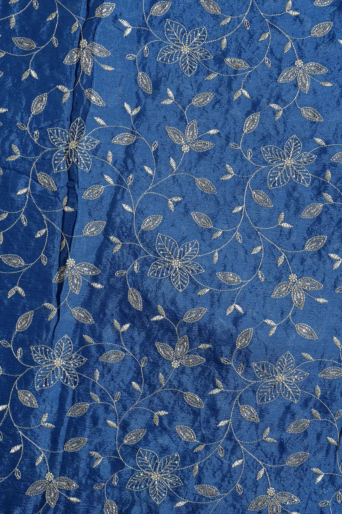 Multi Sequins & Beads With Zari Floral Leafy Embroidery Work On Prussian Blue Chinnon Chiffon Fabric