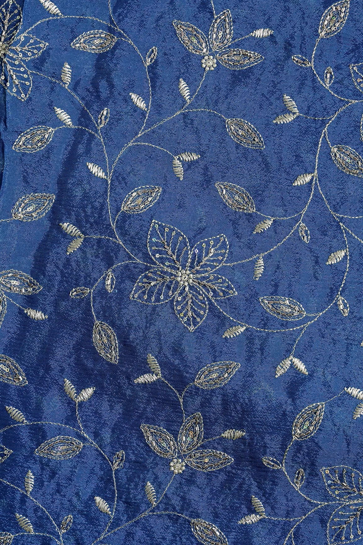 Multi Sequins & Beads With Zari Floral Leafy Embroidery Work On Prussian Blue Chinnon Chiffon Fabric