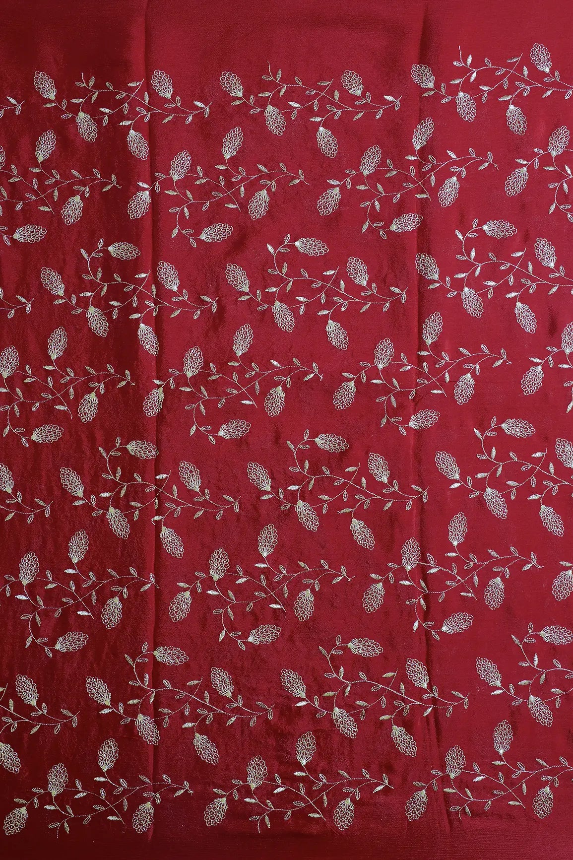 Gold Zari With Beads Leafy Embroidery Work On Red Chinnon Chiffon Fabric