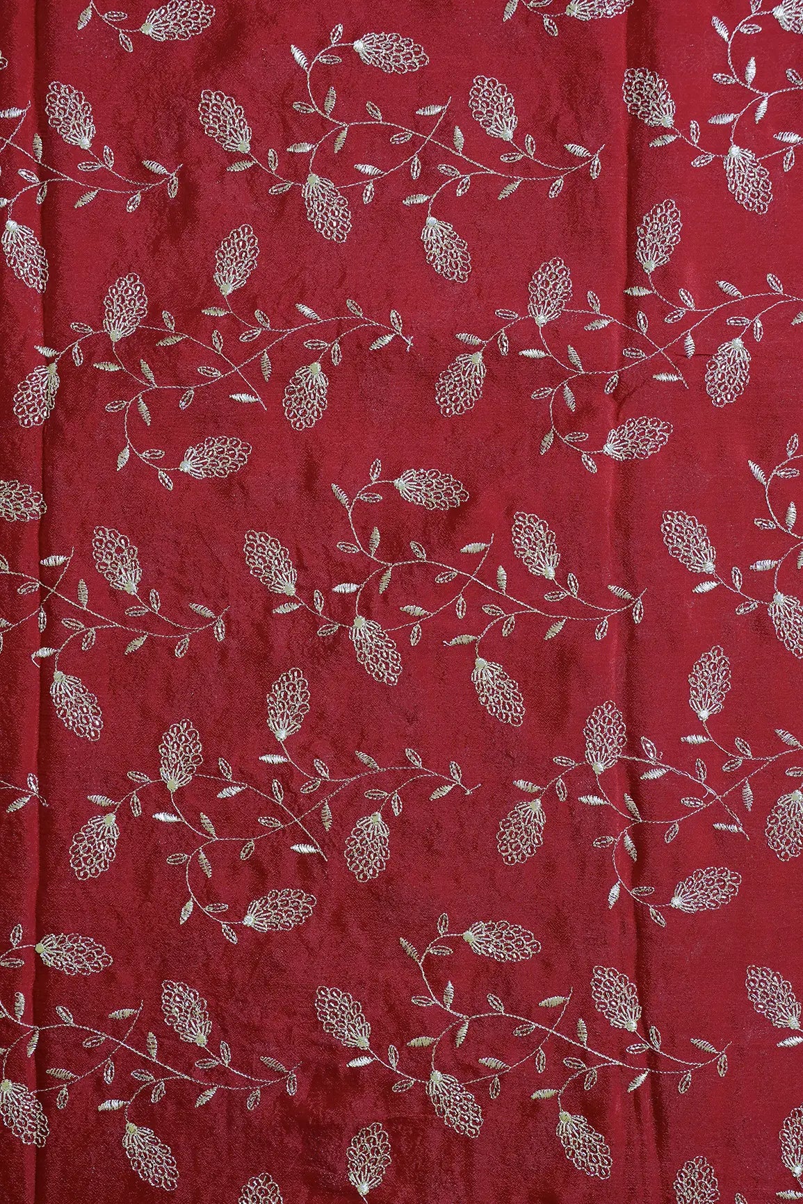 Gold Zari With Beads Leafy Embroidery Work On Red Chinnon Chiffon Fabric