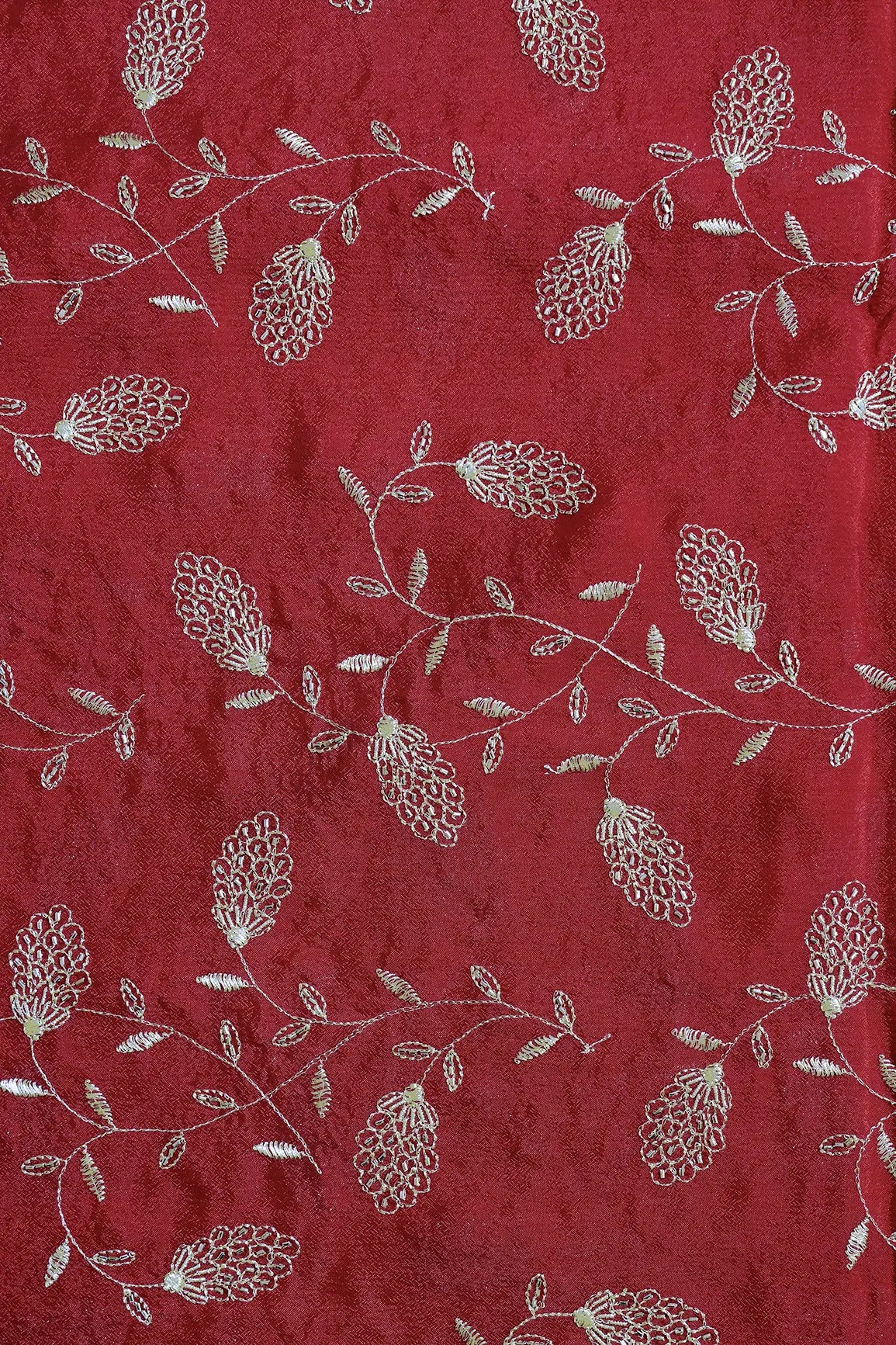Gold Zari With Beads Leafy Embroidery Work On Red Chinnon Chiffon Fabric