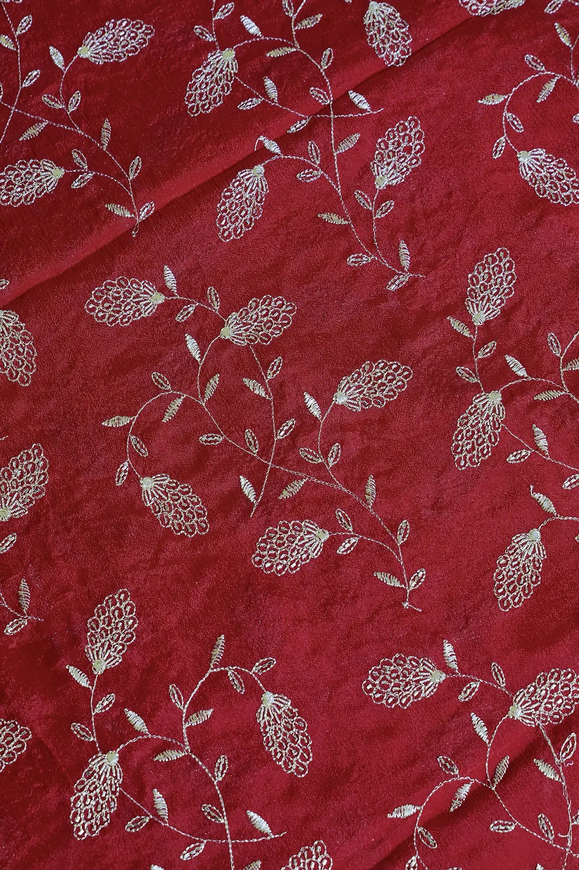 Gold Zari With Beads Leafy Embroidery Work On Red Chinnon Chiffon Fabric