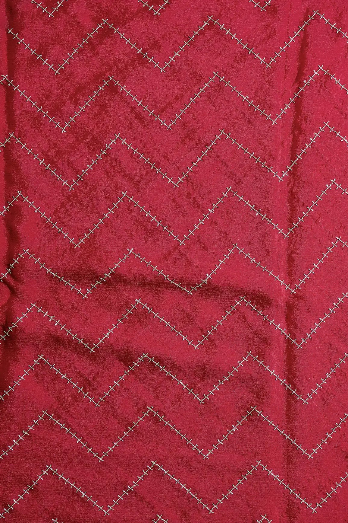 Gold Beads Cut Dana Chevron Embroidery Work On Red Chinnon Chiffon Fabric