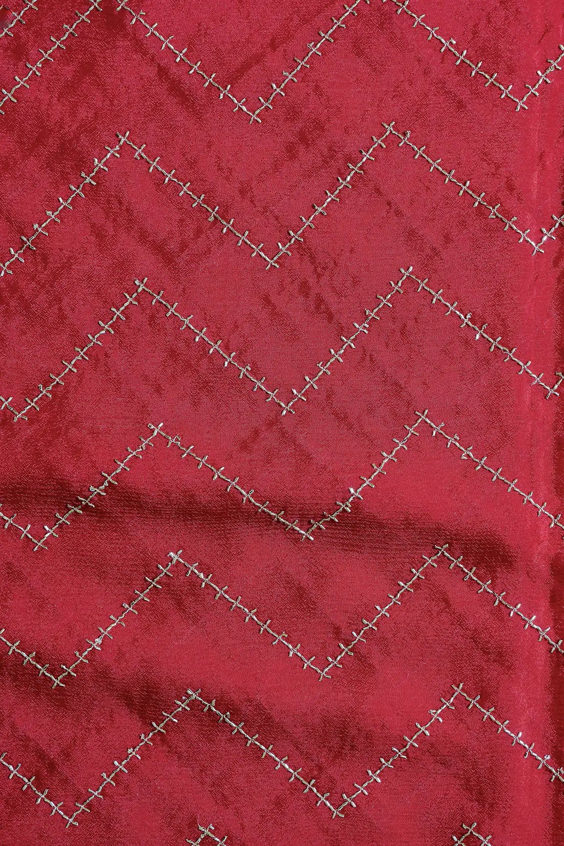 Gold Beads Cut Dana Chevron Embroidery Work On Red Chinnon Chiffon Fabric