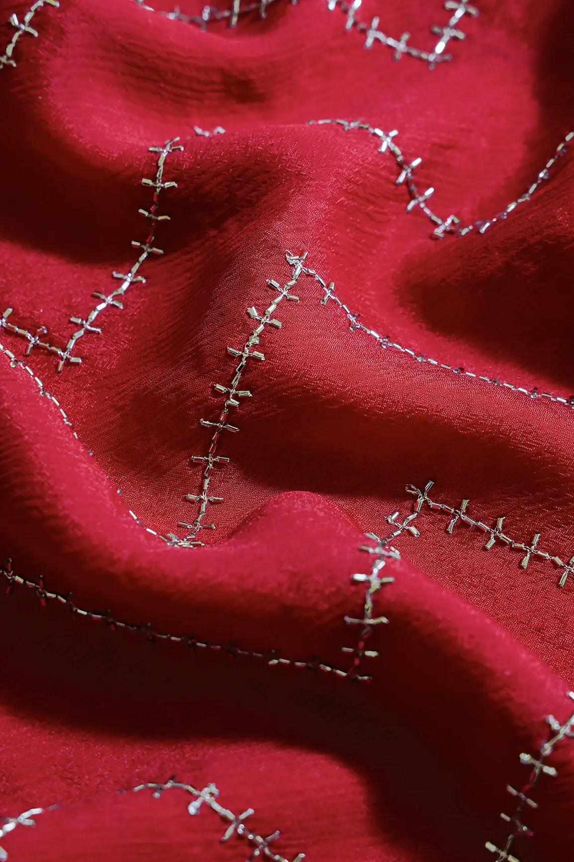 Gold Beads Cut Dana Chevron Embroidery Work On Red Chinnon Chiffon Fabric