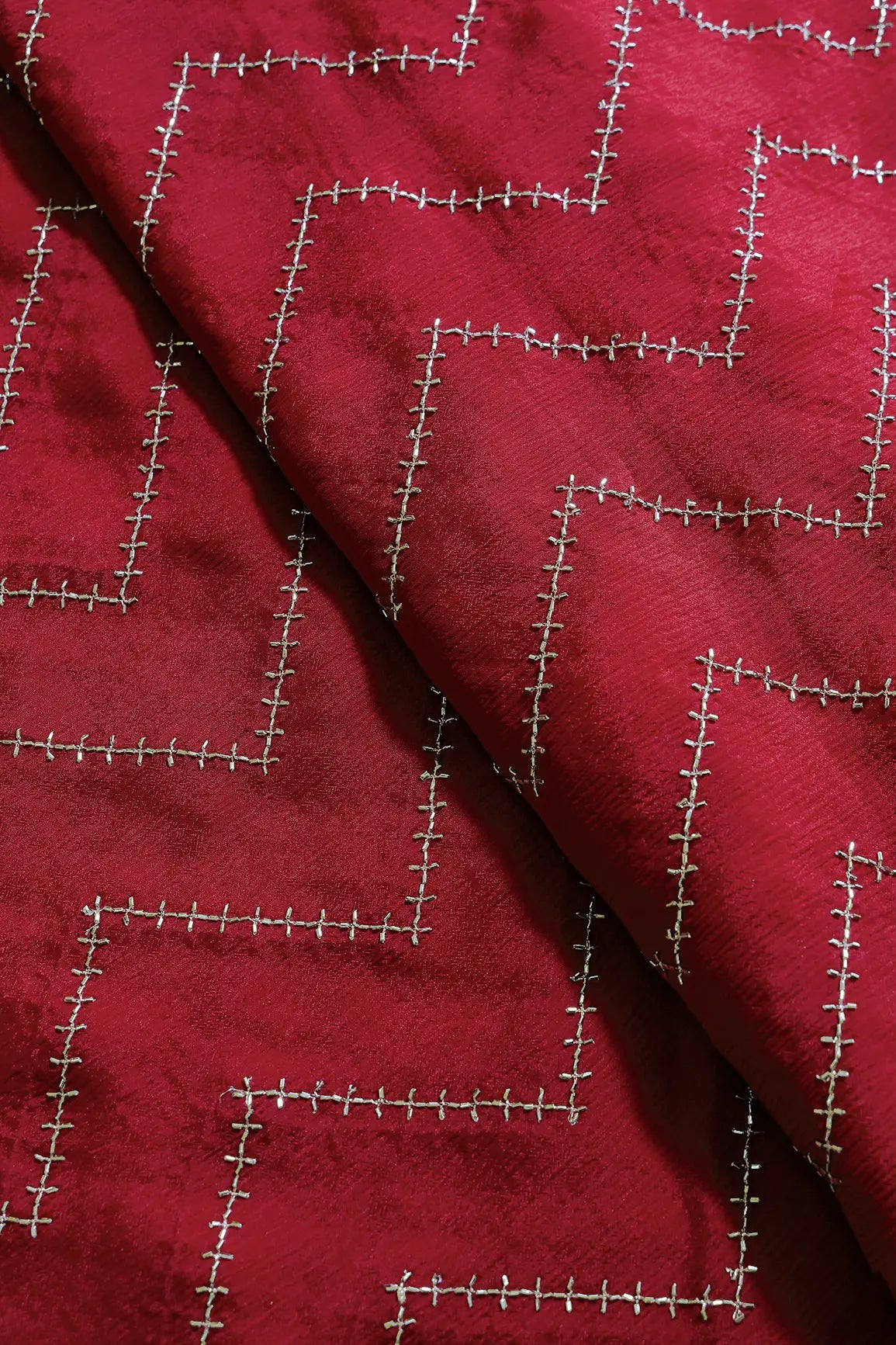 Gold Beads Cut Dana Chevron Embroidery Work On Red Chinnon Chiffon Fabric