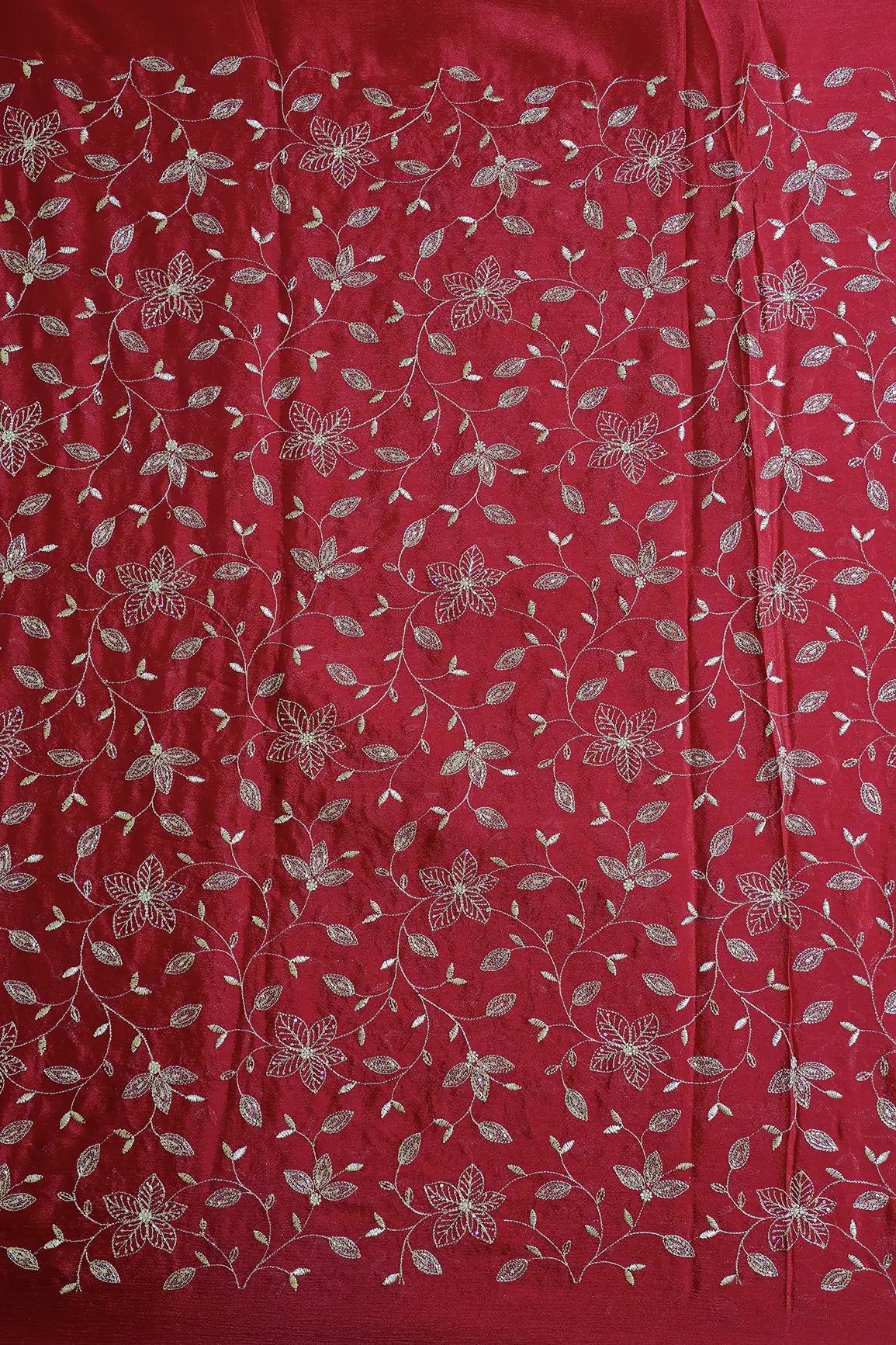 Multi Sequins & Beads With Zari Floral Leafy Embroidery Work On Red Chinnon Chiffon Fabric
