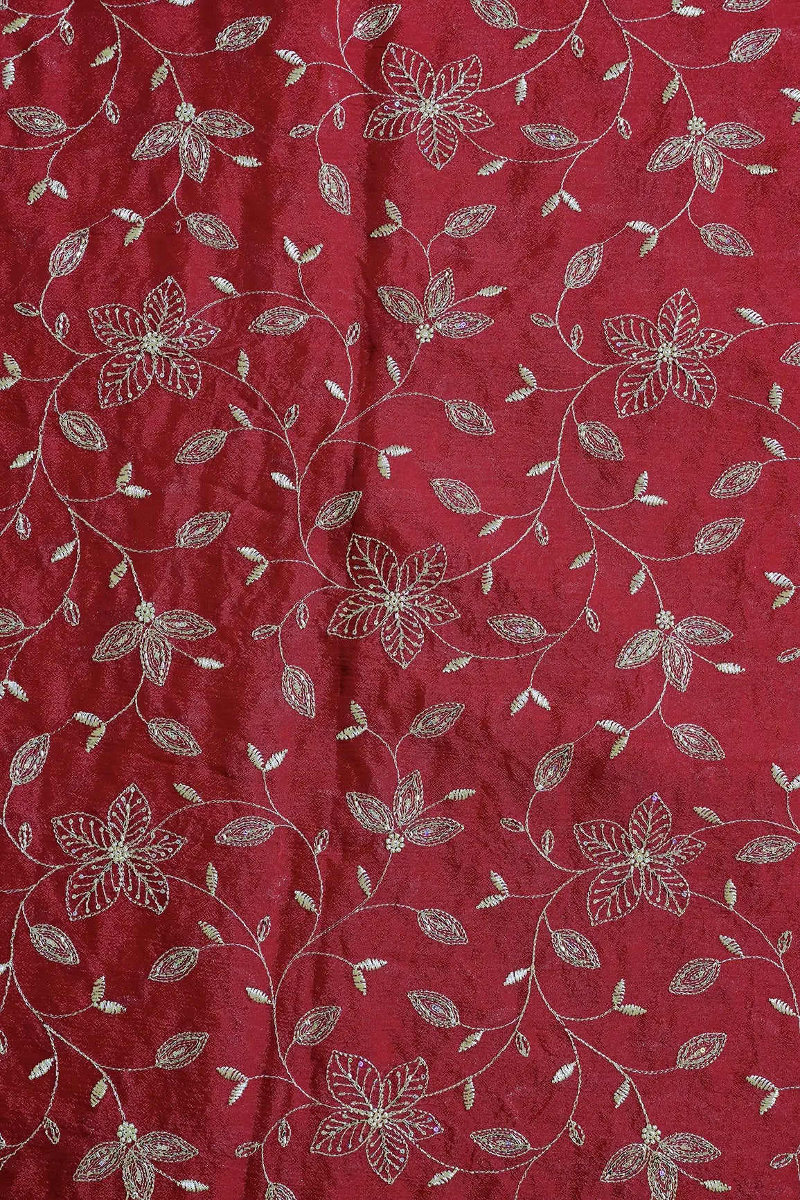 Multi Sequins & Beads With Zari Floral Leafy Embroidery Work On Red Chinnon Chiffon Fabric