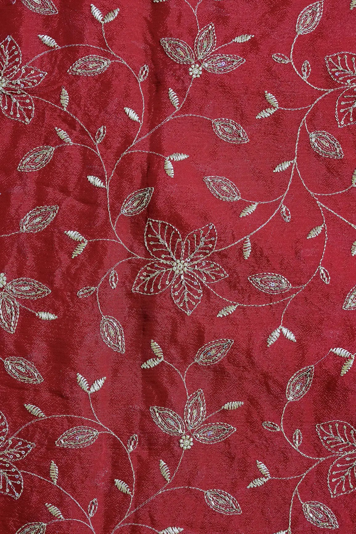 Multi Sequins & Beads With Zari Floral Leafy Embroidery Work On Red Chinnon Chiffon Fabric