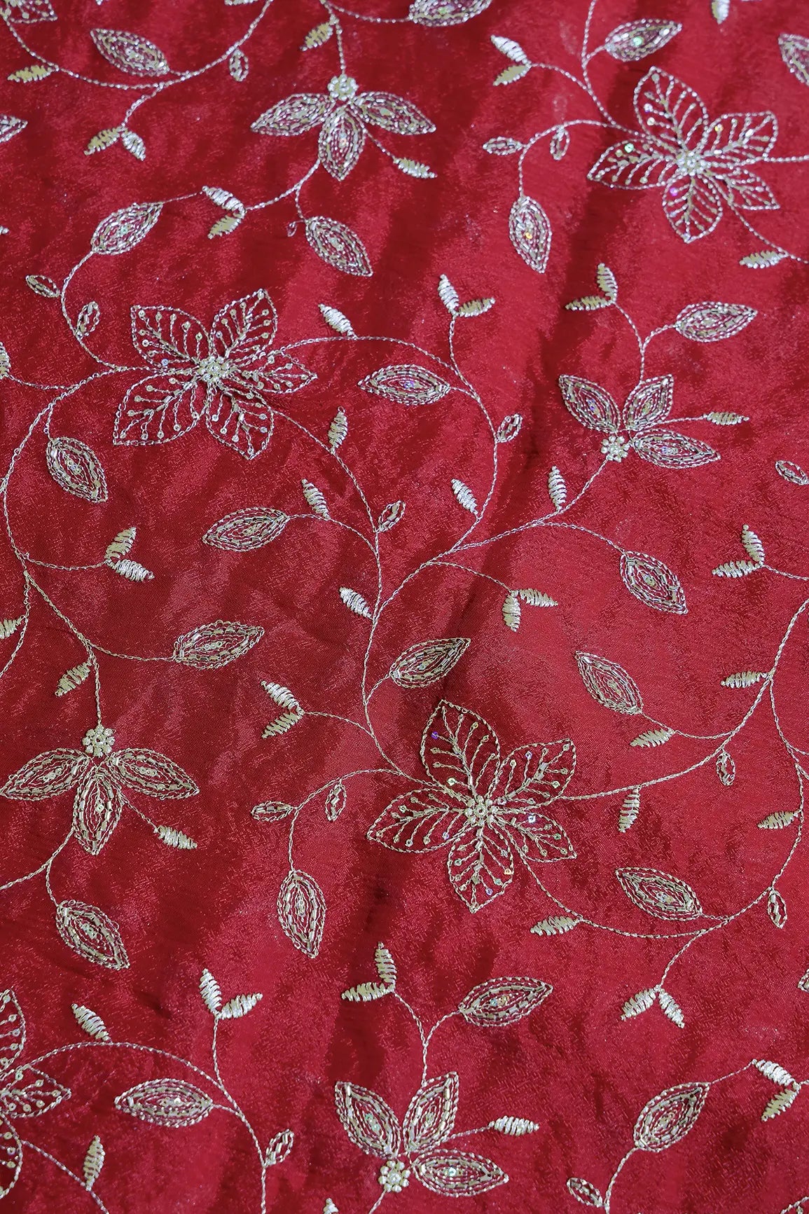 Multi Sequins & Beads With Zari Floral Leafy Embroidery Work On Red Chinnon Chiffon Fabric
