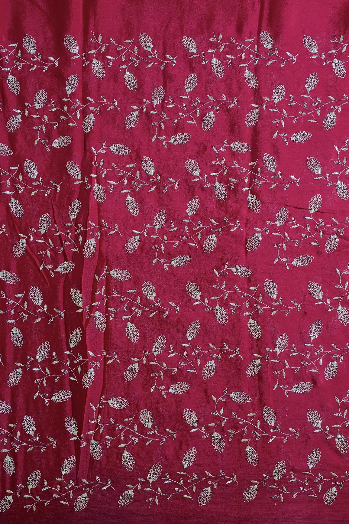 Gold Zari With Beads Leafy Embroidery Work On Cherry Red Chinnon Chiffon Fabric