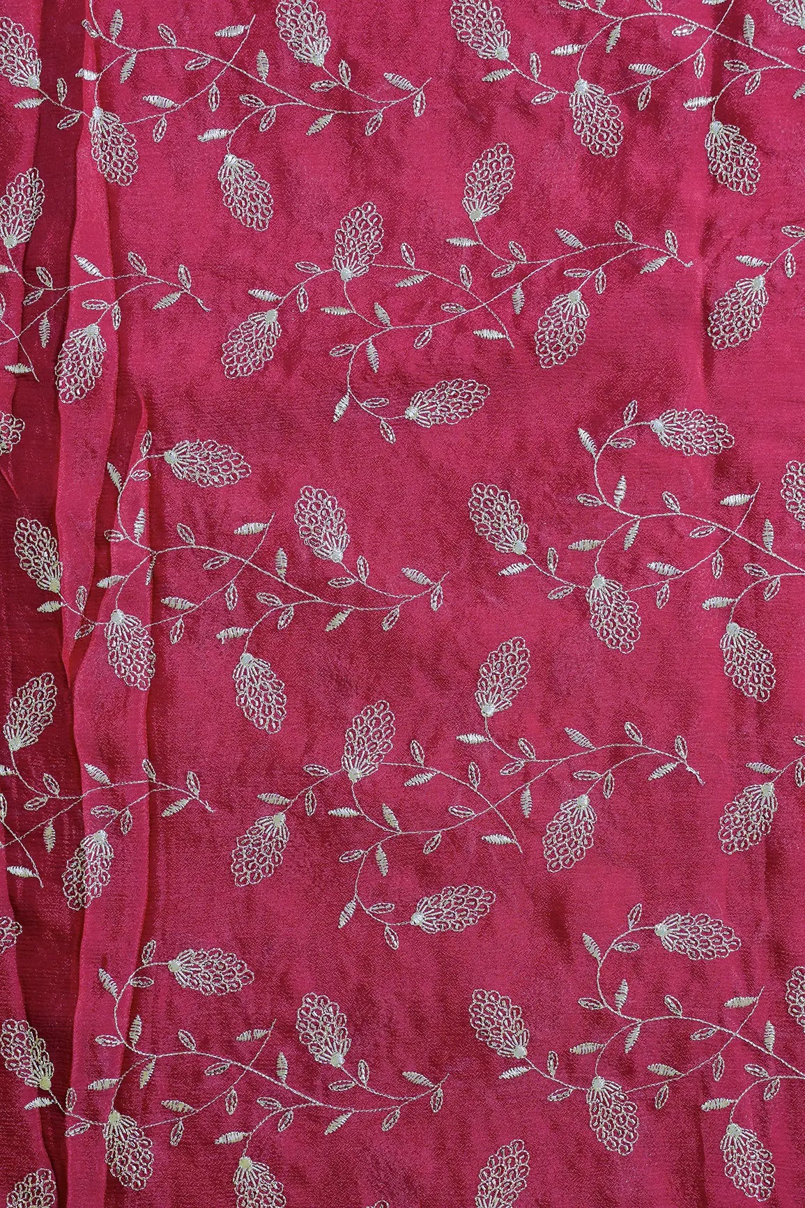 Gold Zari With Beads Leafy Embroidery Work On Cherry Red Chinnon Chiffon Fabric