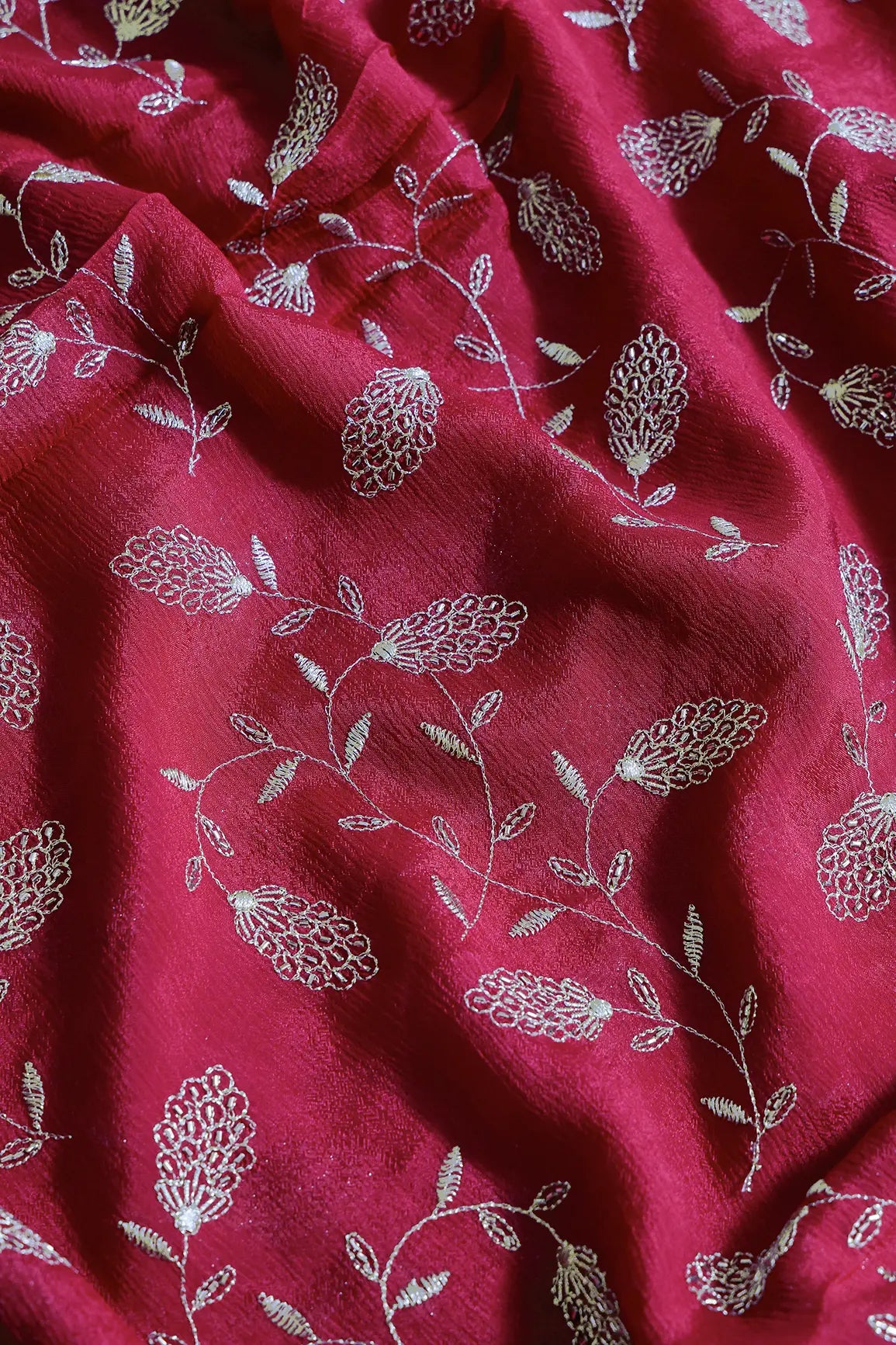 Gold Zari With Beads Leafy Embroidery Work On Cherry Red Chinnon Chiffon Fabric