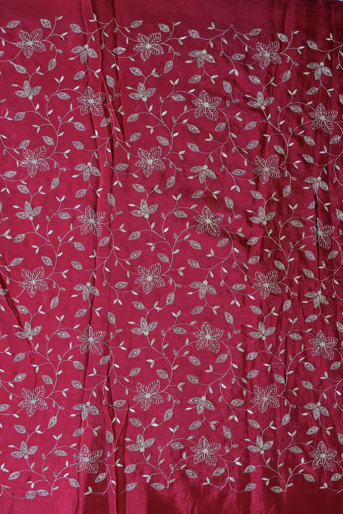 Multi Sequins & Beads With Zari Floral Leafy Embroidery Work On Cherry Red Chinnon Chiffon Fabric
