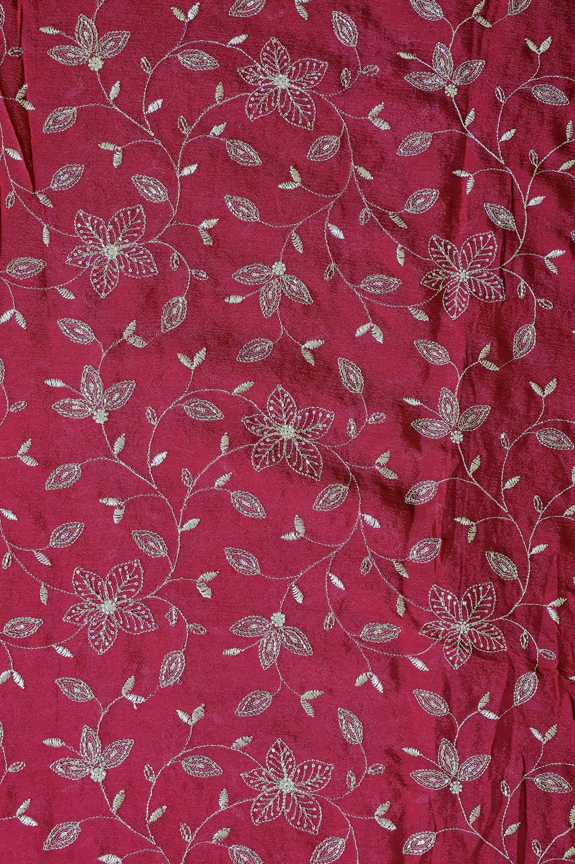 Multi Sequins & Beads With Zari Floral Leafy Embroidery Work On Cherry Red Chinnon Chiffon Fabric
