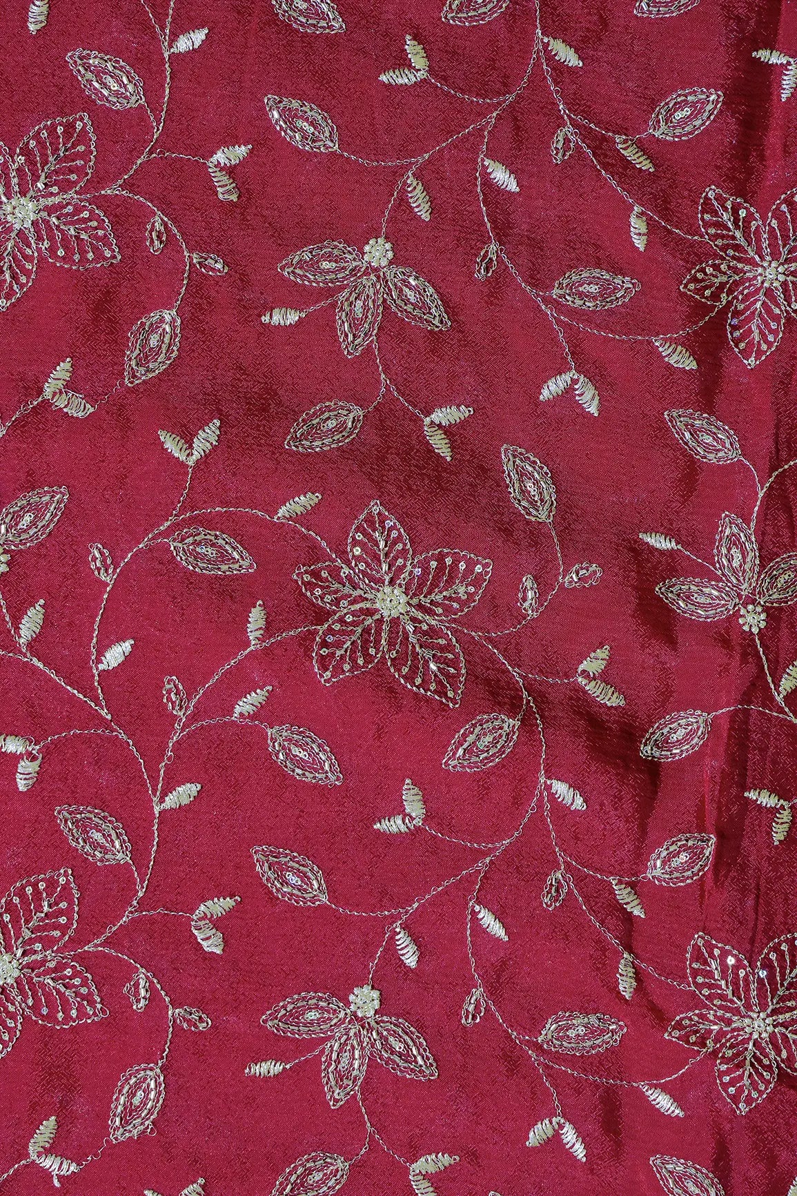 Multi Sequins & Beads With Zari Floral Leafy Embroidery Work On Cherry Red Chinnon Chiffon Fabric