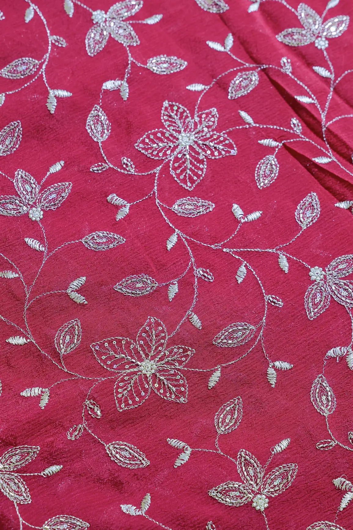 Multi Sequins & Beads With Zari Floral Leafy Embroidery Work On Cherry Red Chinnon Chiffon Fabric