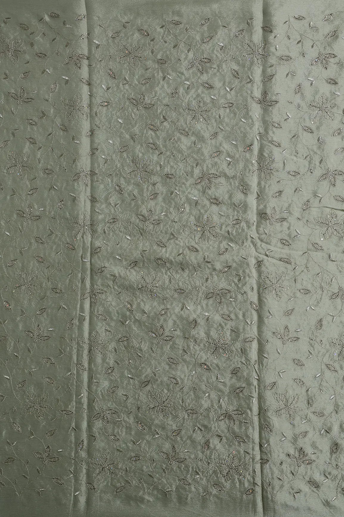 Multi Sequins & Beads With Zari Floral Leafy Embroidery Work On Olive Chinnon Chiffon Fabric