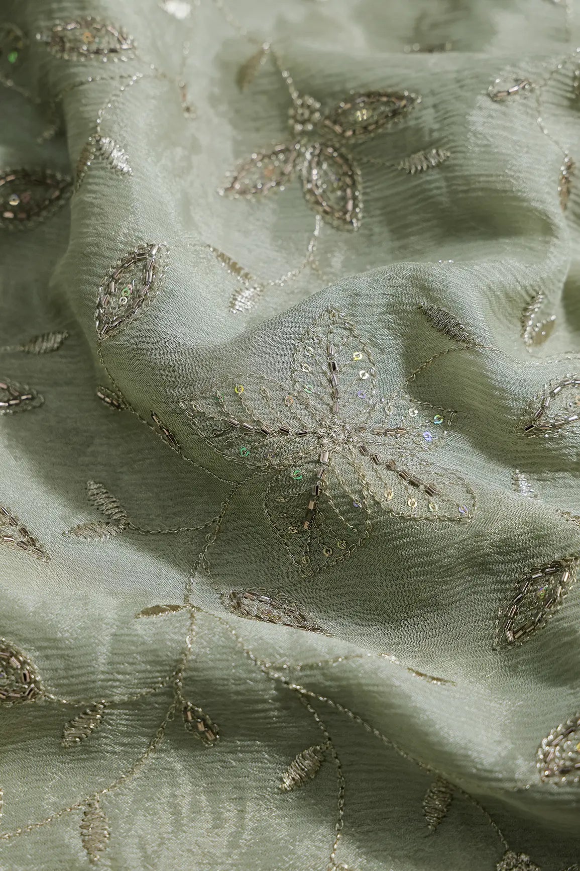 Multi Sequins & Beads With Zari Floral Leafy Embroidery Work On Olive Chinnon Chiffon Fabric