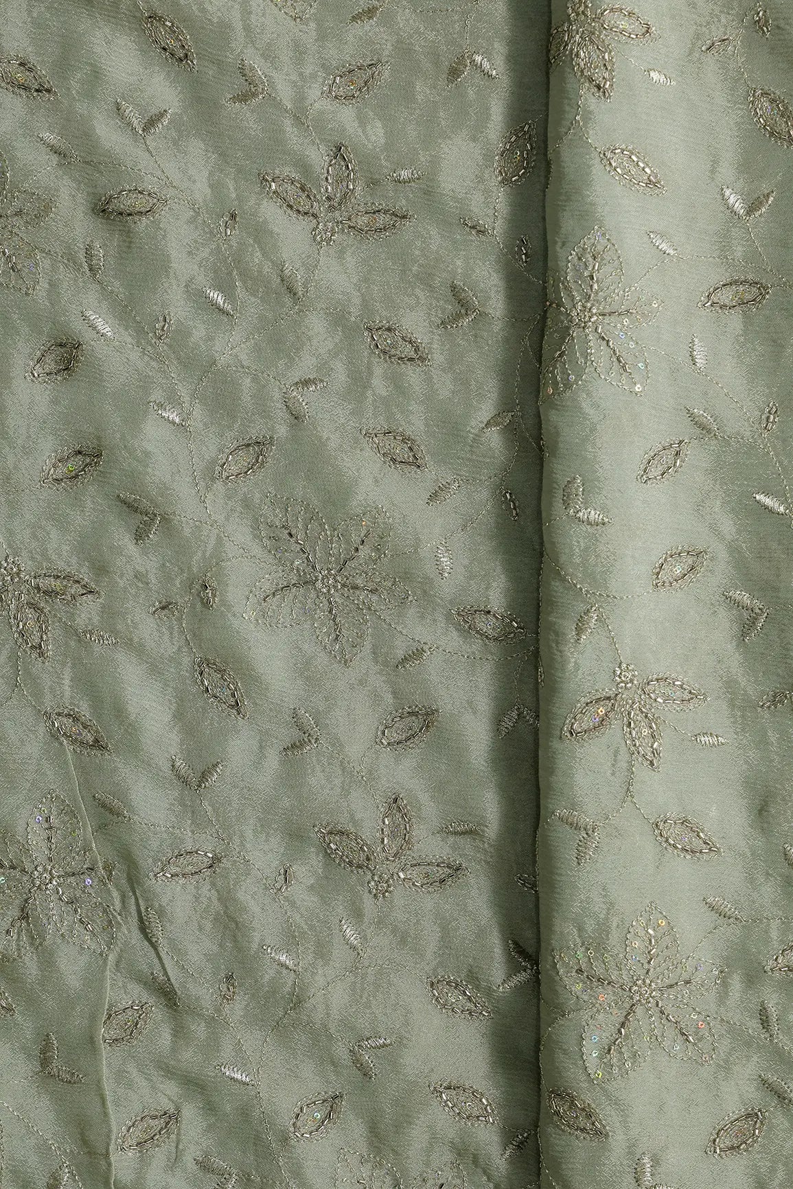 Multi Sequins & Beads With Zari Floral Leafy Embroidery Work On Olive Chinnon Chiffon Fabric