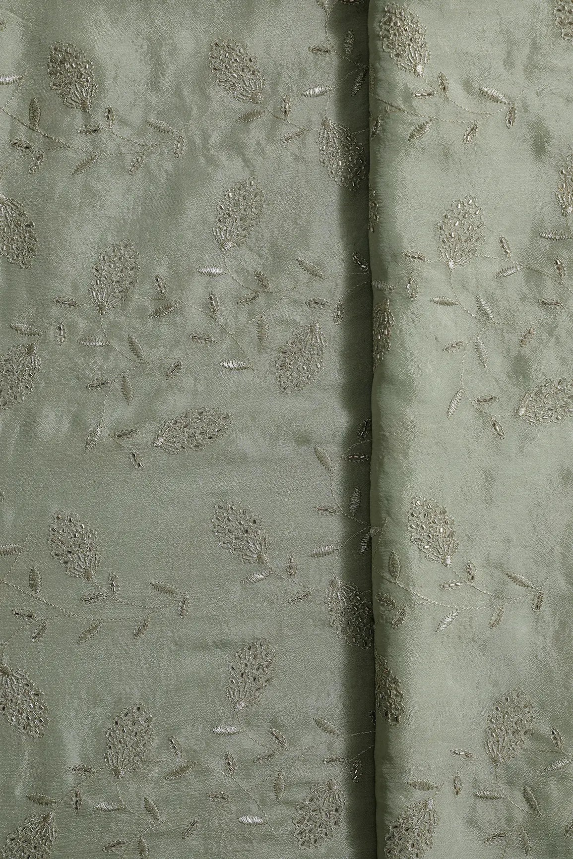Gold Zari With Beads Leafy Embroidery Work On Olive Chinnon Chiffon Fabric