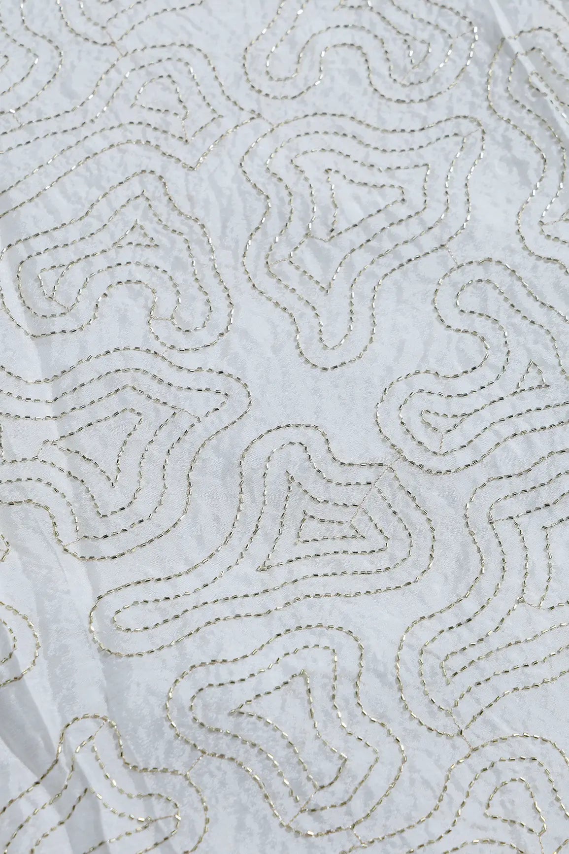 Cut Dana Beads Appealing Abstract Embroidery Work On Dyeable White Chinnon Chiffon Fabric