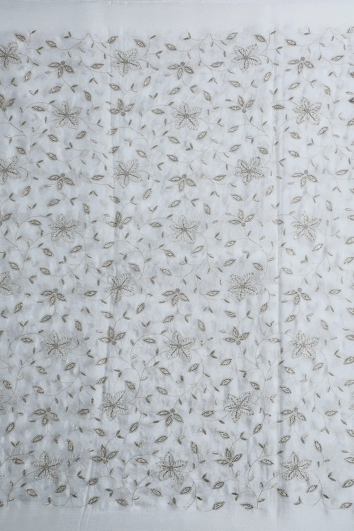 Multi Sequins & Beads With Zari Floral Leafy Embroidery Work On Dyeable White Chinnon Chiffon Fabric