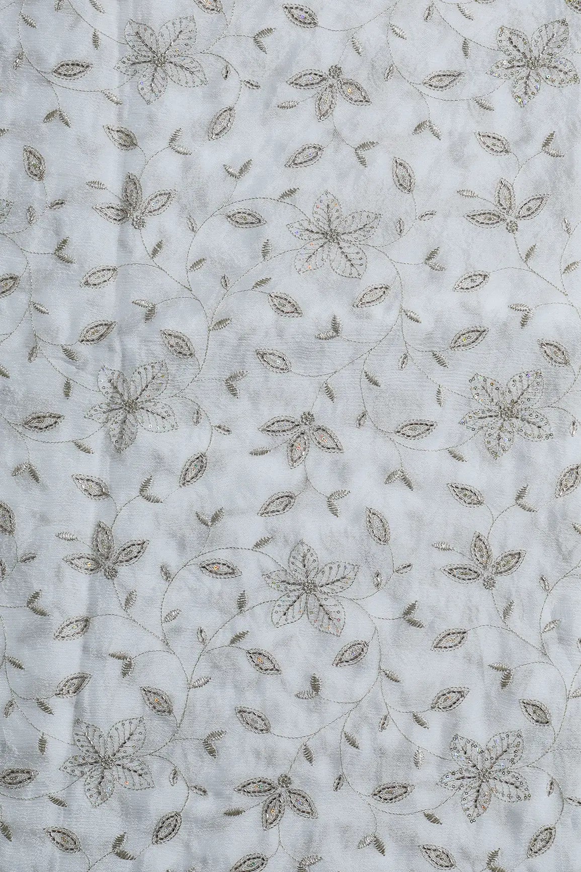 Multi Sequins & Beads With Zari Floral Leafy Embroidery Work On Dyeable White Chinnon Chiffon Fabric