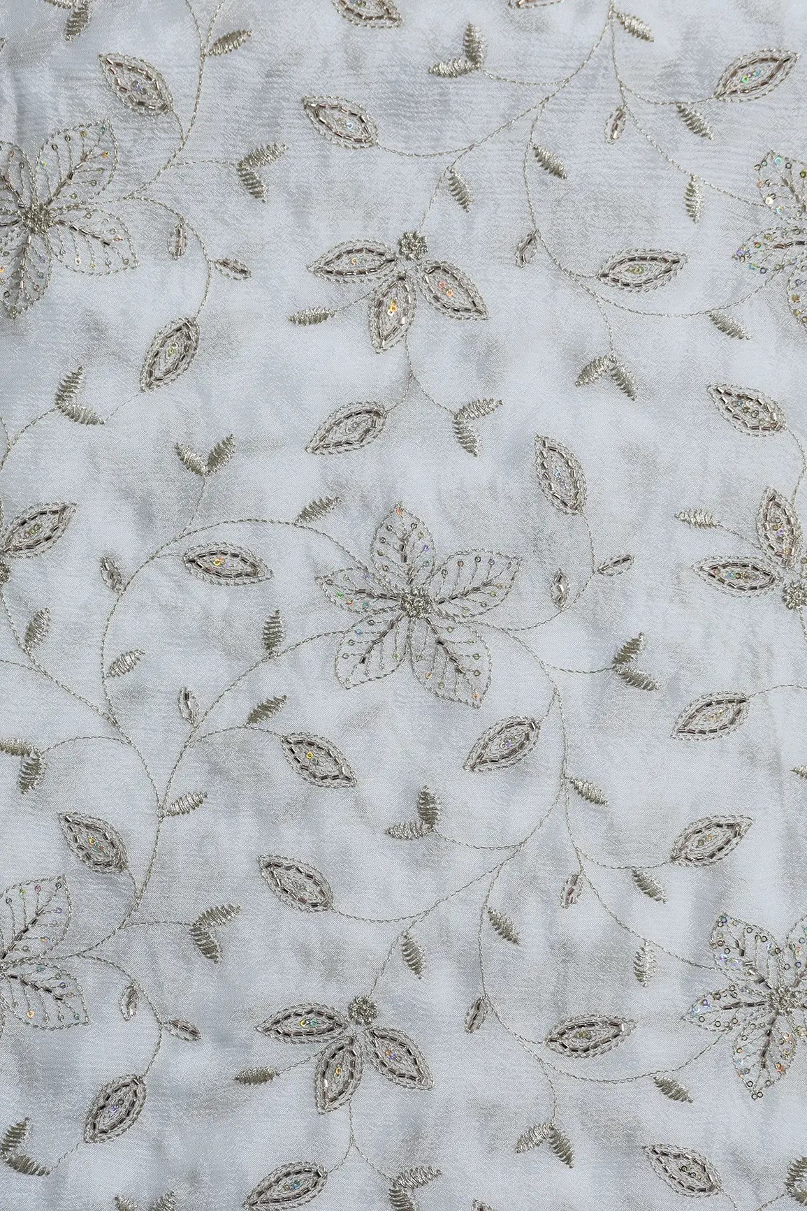 Multi Sequins & Beads With Zari Floral Leafy Embroidery Work On Dyeable White Chinnon Chiffon Fabric