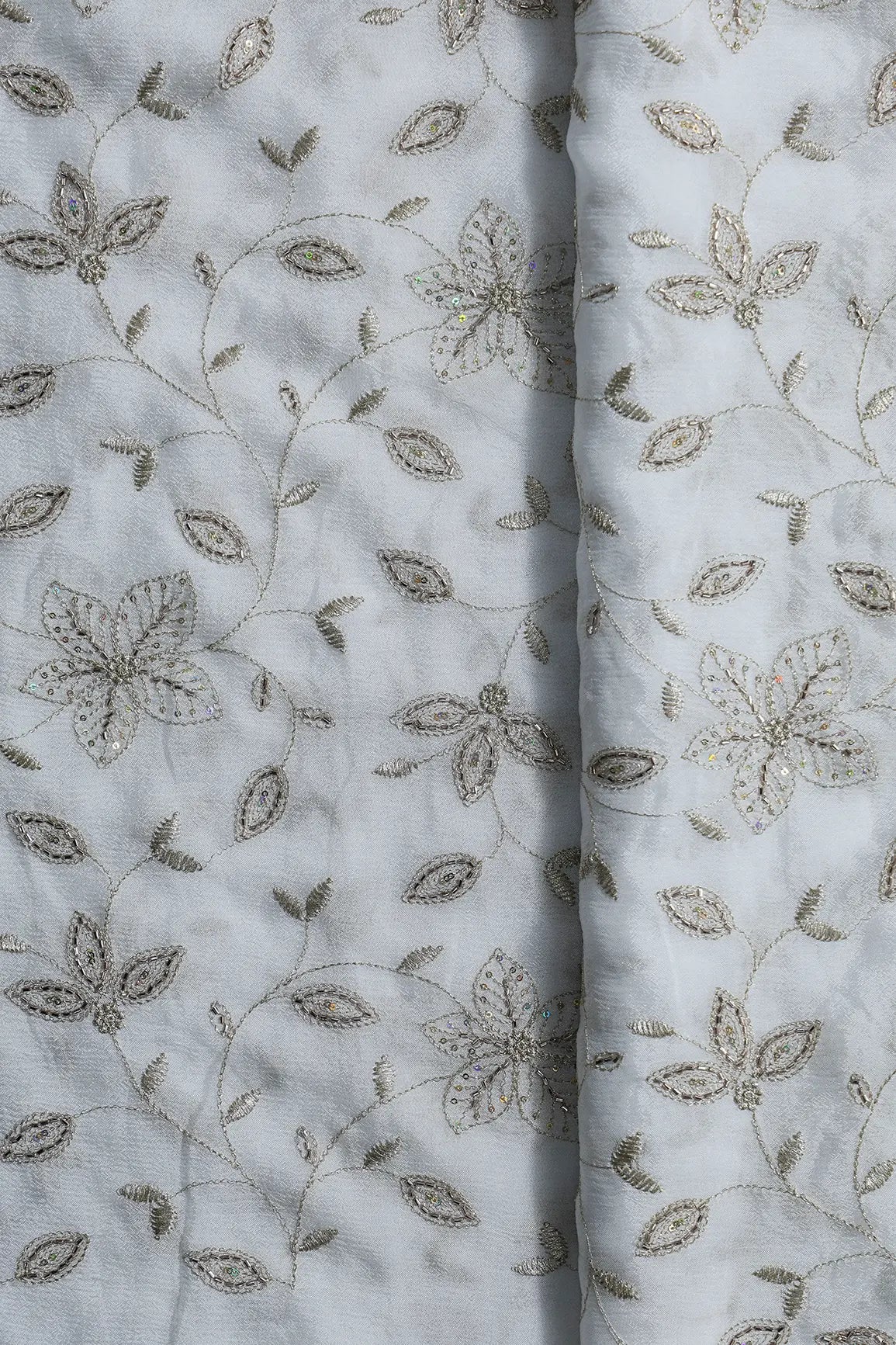Multi Sequins & Beads With Zari Floral Leafy Embroidery Work On Dyeable White Chinnon Chiffon Fabric