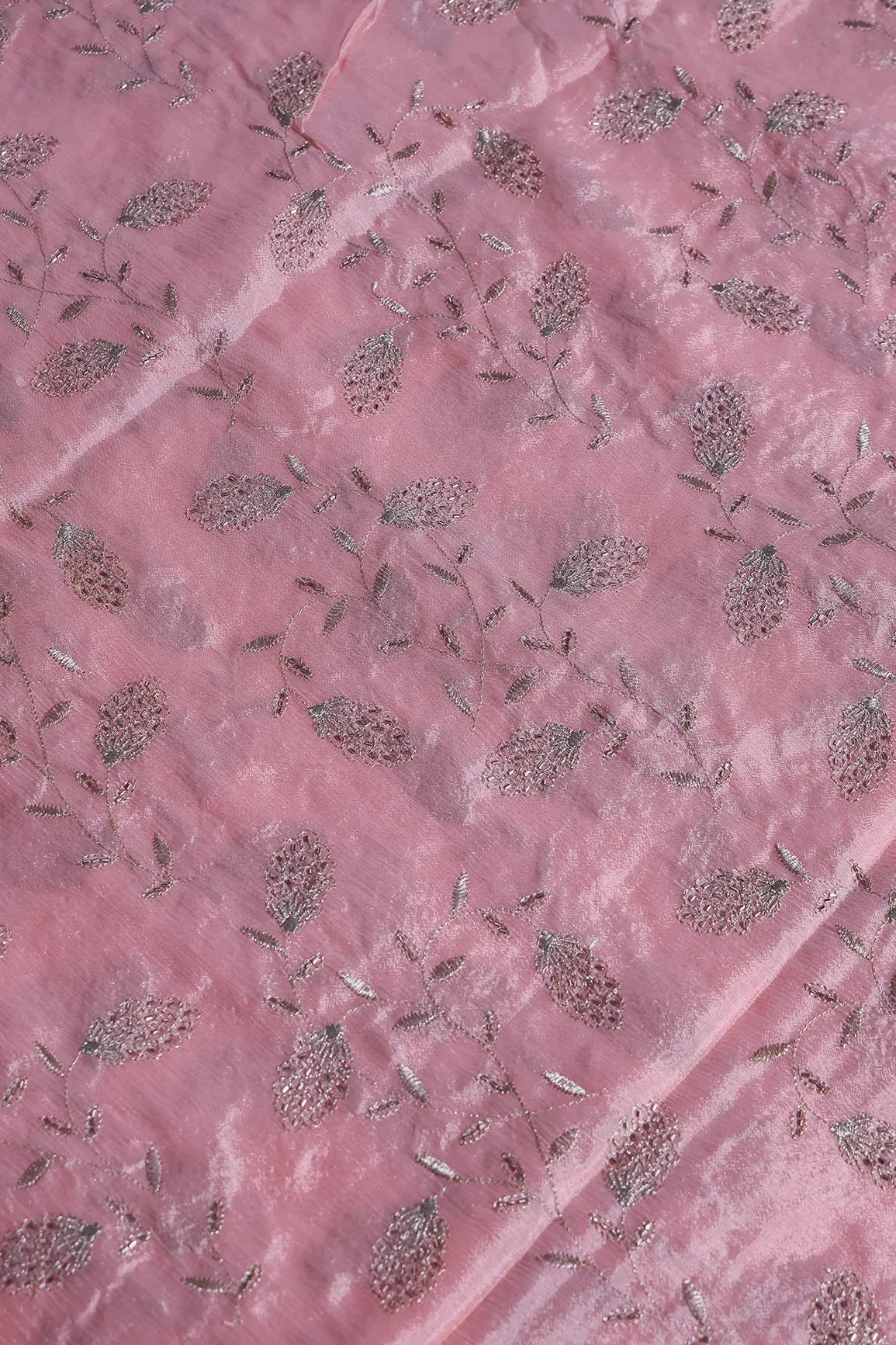 Gold Zari With Beads Leafy Embroidery Work On Light Pink Chinnon Chiffon Fabric