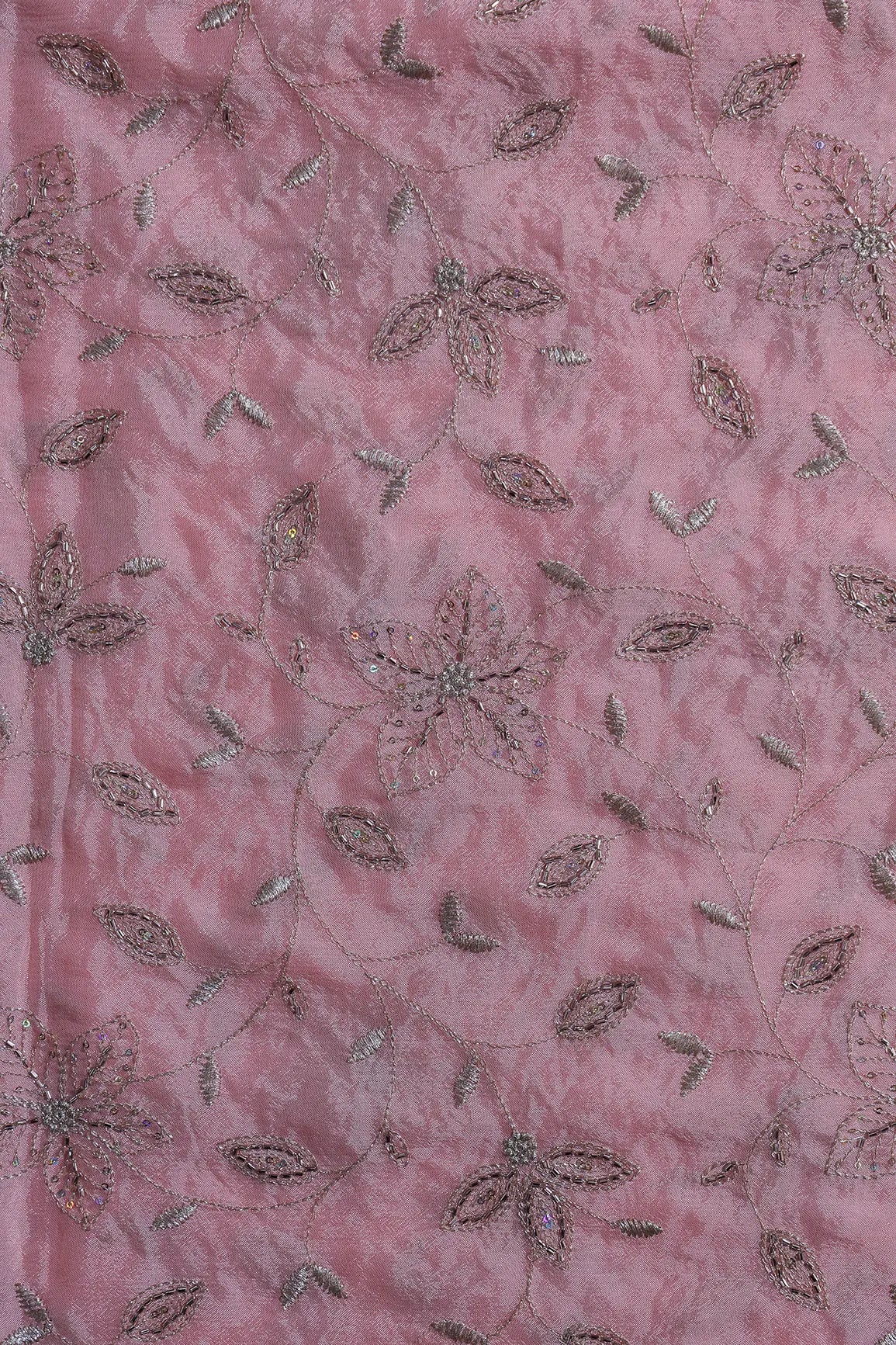 Multi Sequins & Beads With Zari Floral Leafy Embroidery Work On Light Pink Chinnon Chiffon Fabric