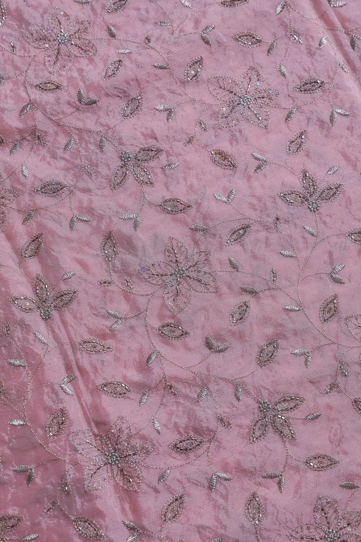 Multi Sequins & Beads With Zari Floral Leafy Embroidery Work On Light Pink Chinnon Chiffon Fabric