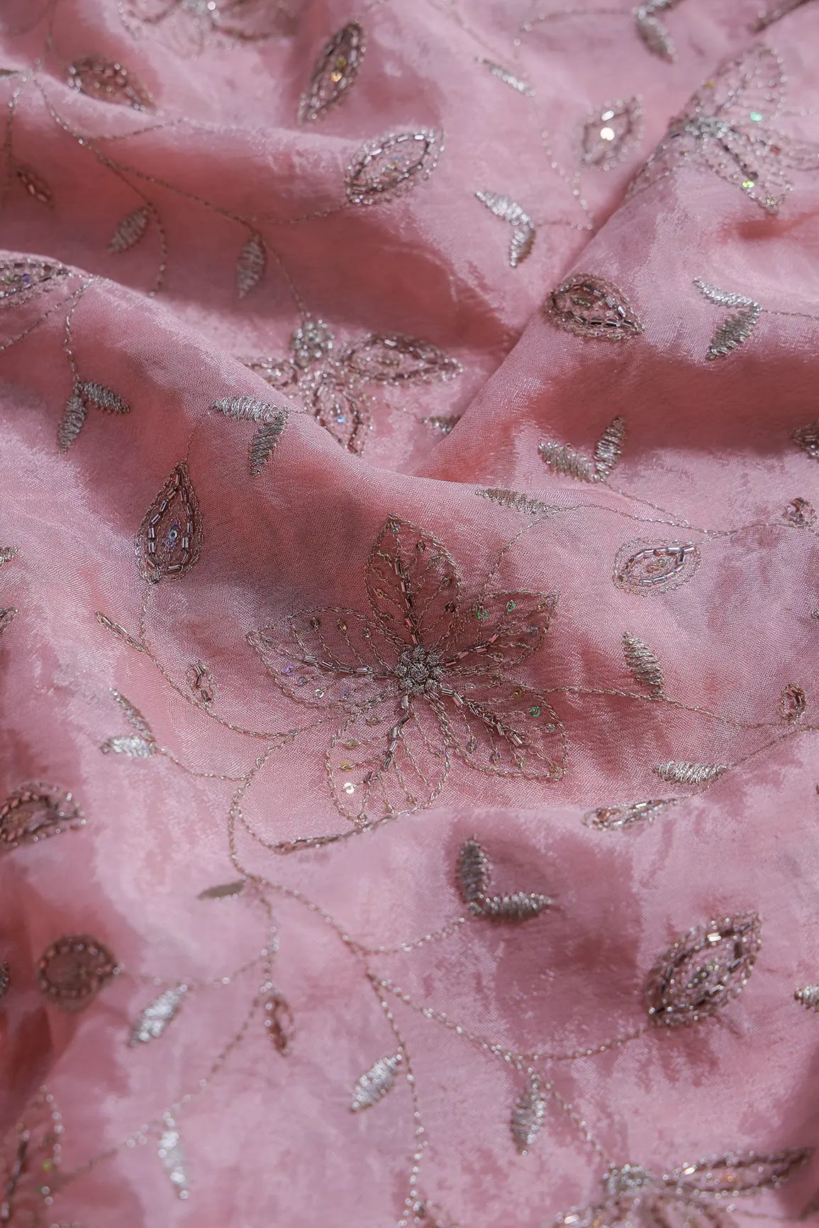 Multi Sequins & Beads With Zari Floral Leafy Embroidery Work On Light Pink Chinnon Chiffon Fabric