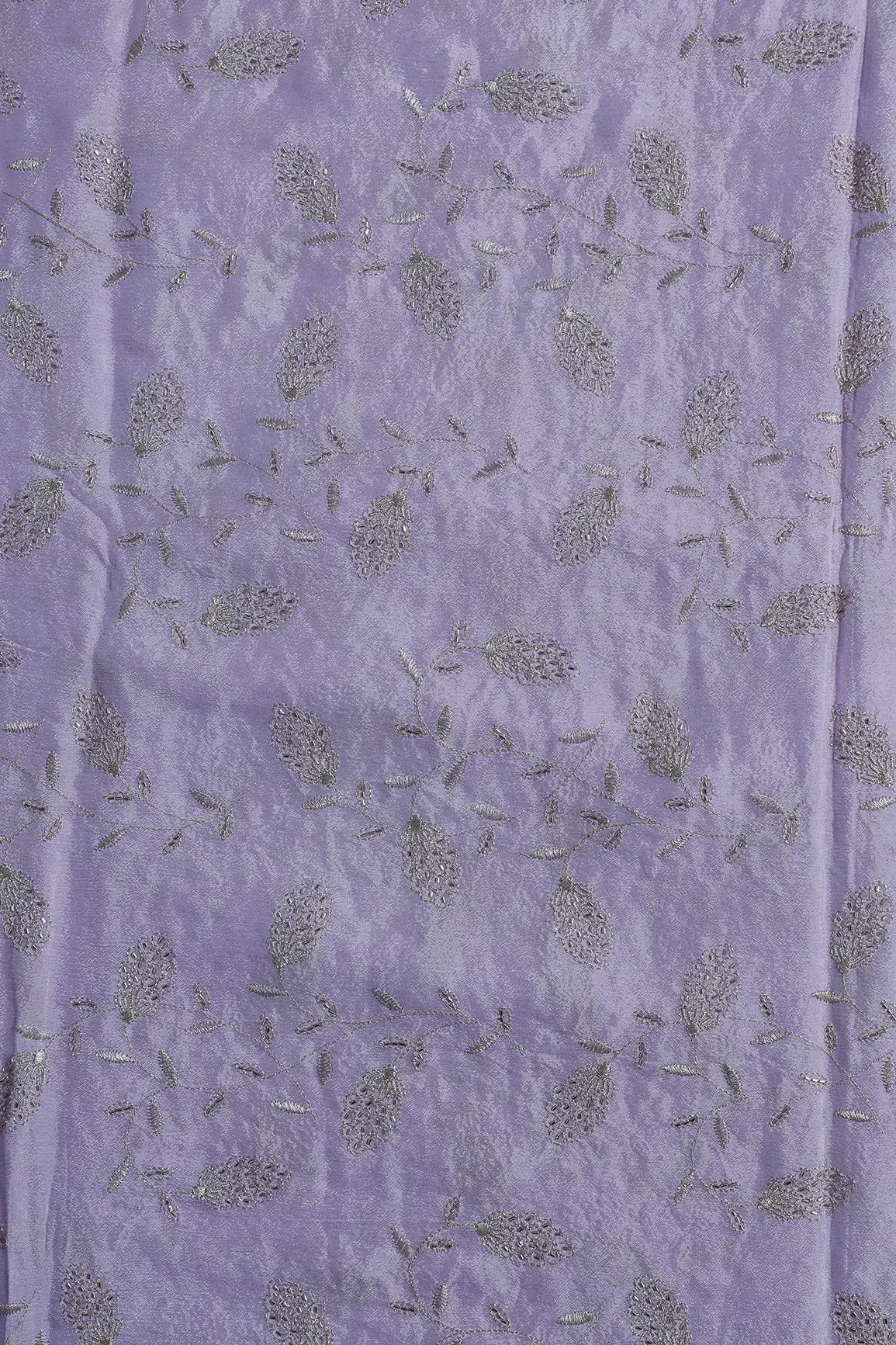 Gold Zari With Beads Leafy Embroidery Work On Lavender Chinnon Chiffon Fabric