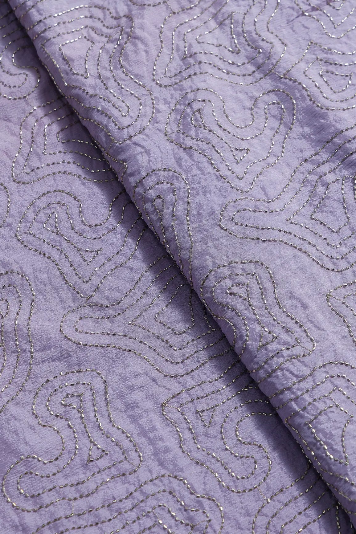 Cut Dana Beads Appealing Abstract Embroidery Work On Lavender Chinnon Chiffon Fabric