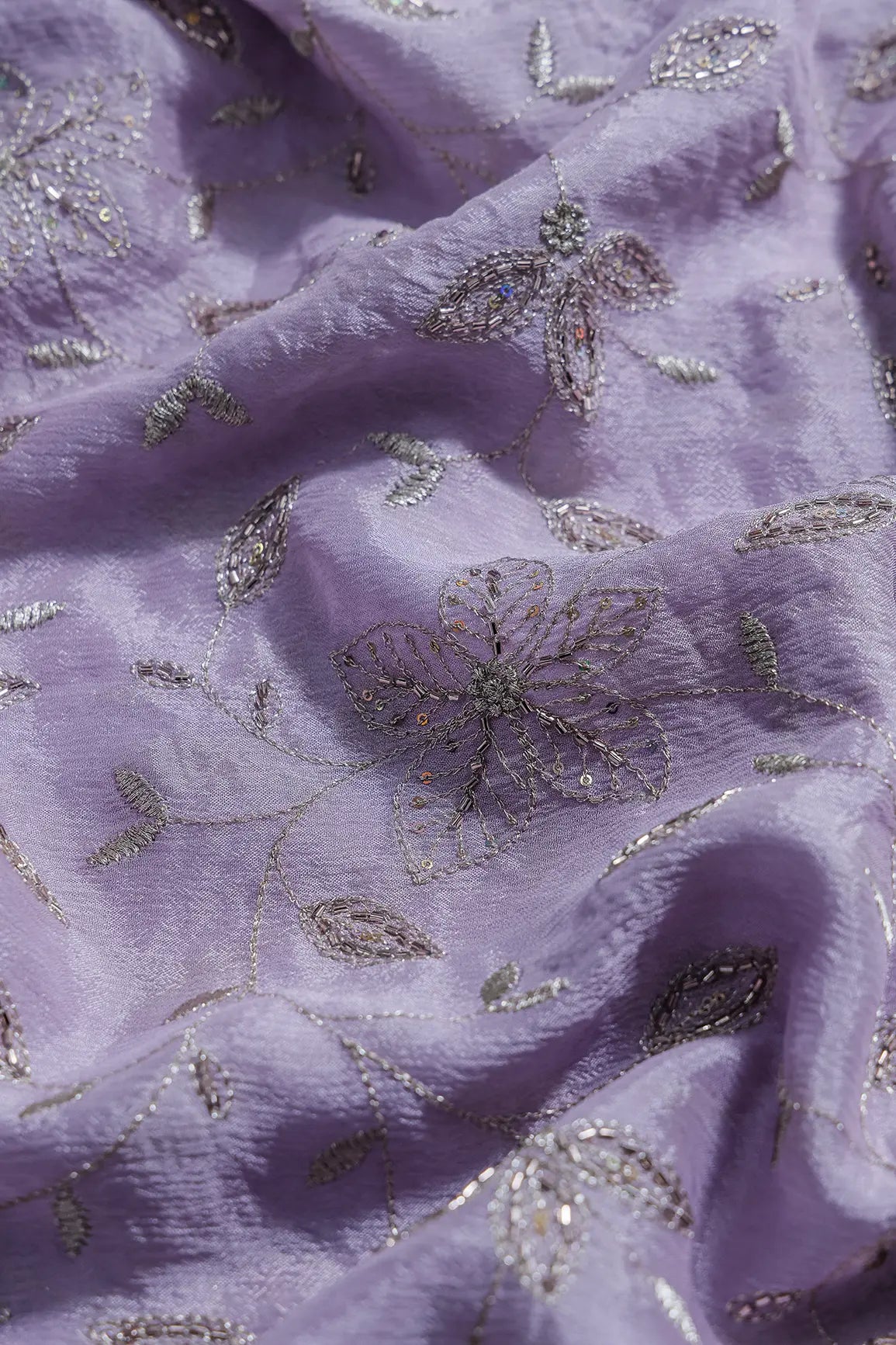 Multi Sequins & Beads With Zari Floral Leafy Embroidery Work On Lavender Chinnon Chiffon Fabric