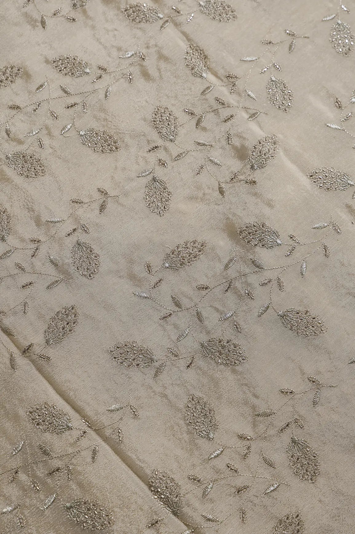 Gold Zari With Beads Leafy Embroidery Work On Beige Chinnon Chiffon Fabric