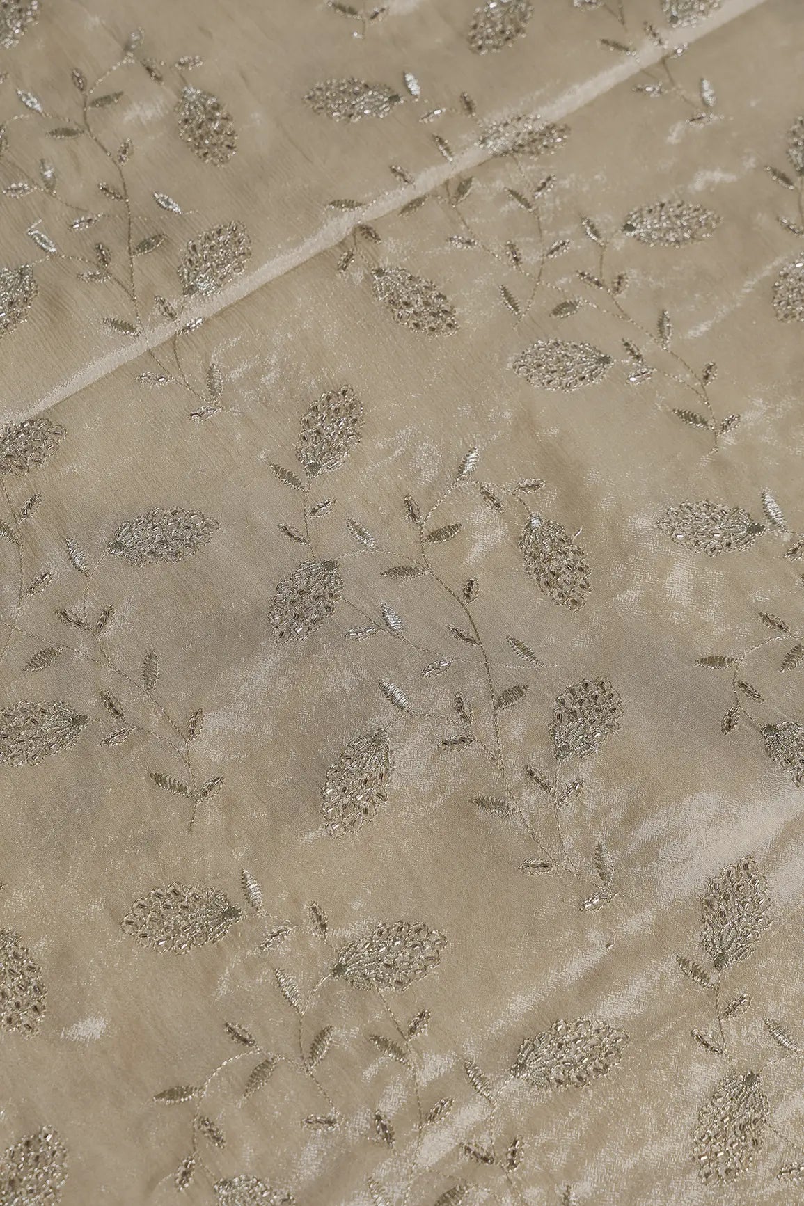 Gold Zari With Beads Leafy Embroidery Work On Beige Chinnon Chiffon Fabric