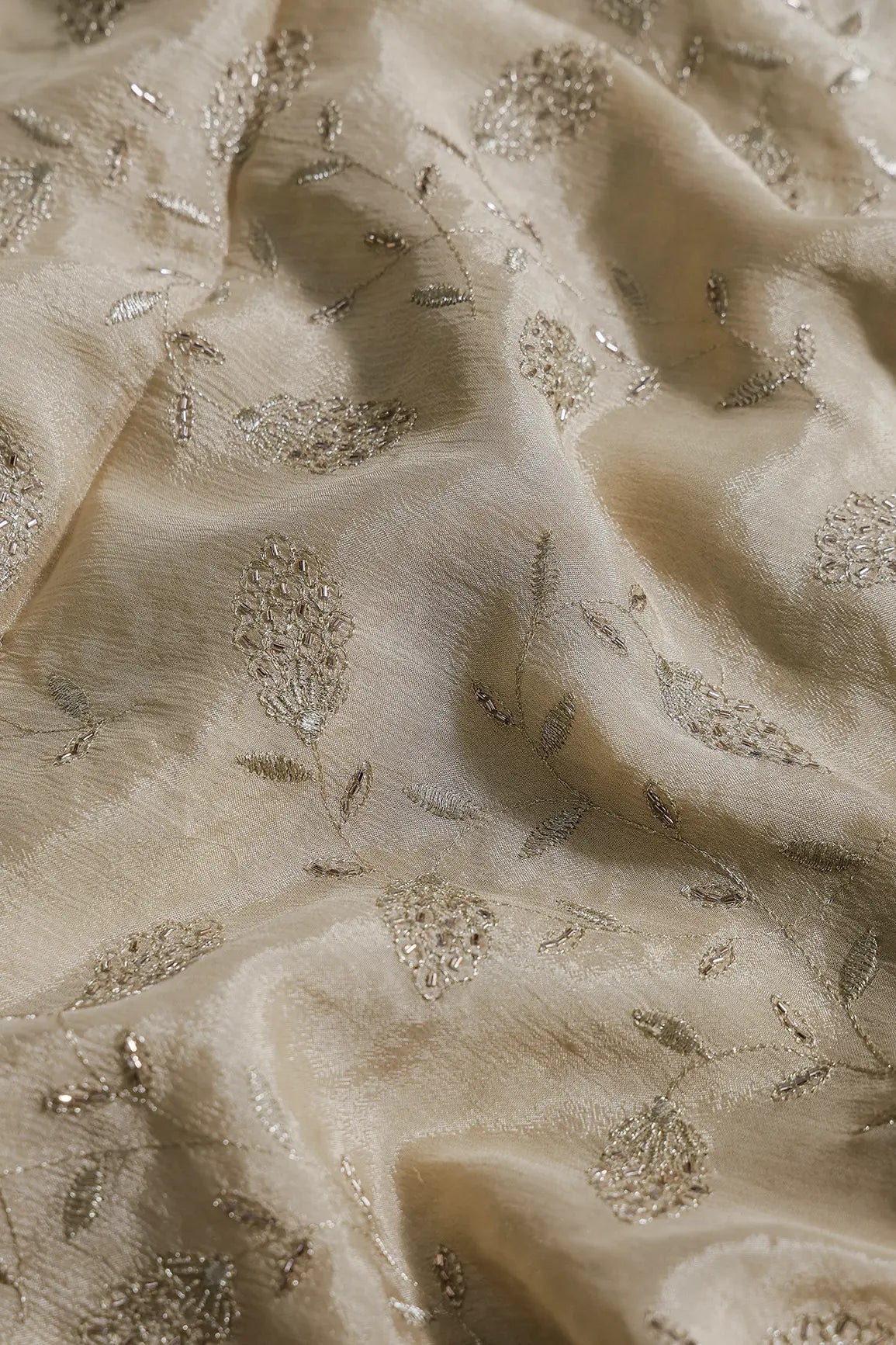 Gold Zari With Beads Leafy Embroidery Work On Beige Chinnon Chiffon Fabric