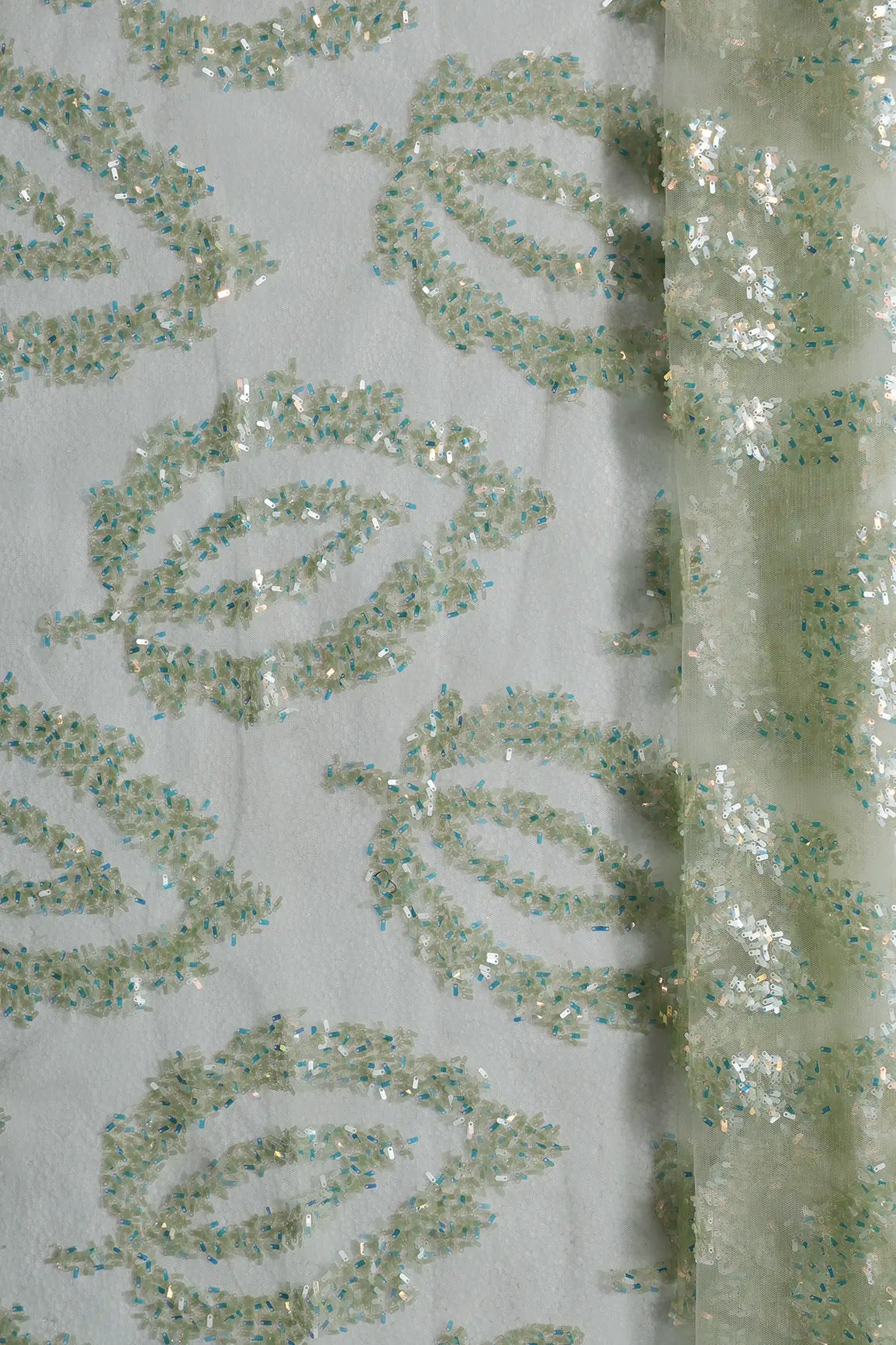 0.75 Meter Cut Piece Of Oval Sequins Abstract Embroidery Work On Olive Soft Net Fabric
