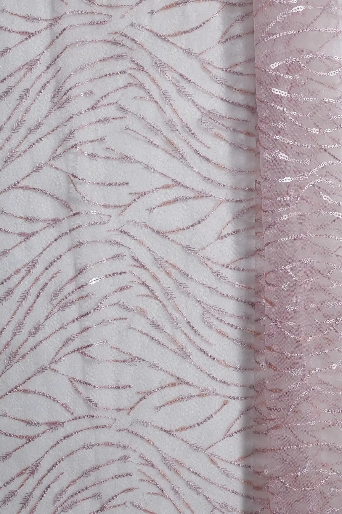 0.75 Meter Cut Piece Of Beautiful Sequin With Pink Thread Wavy Embroidery On Light Pink Soft Net Fabric