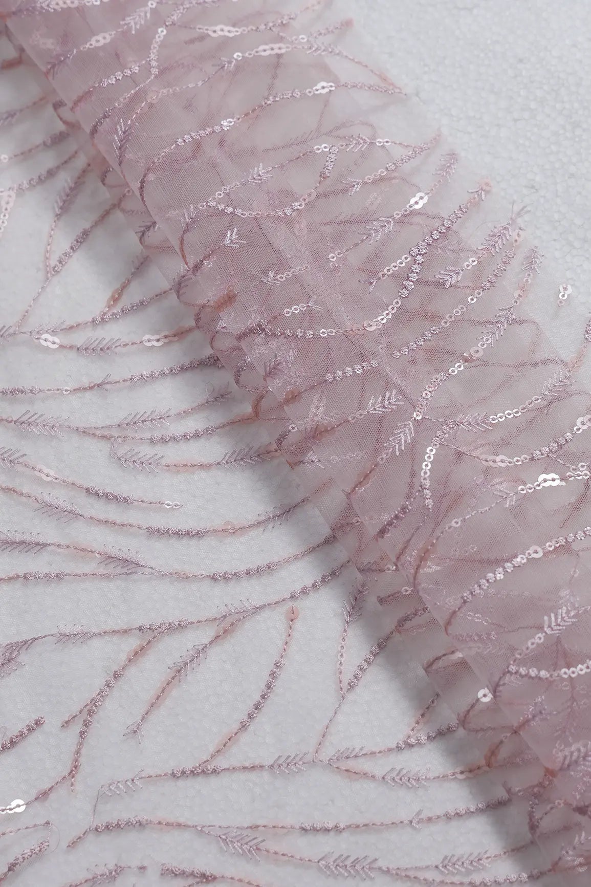 0.75 Meter Cut Piece Of Beautiful Sequin With Pink Thread Wavy Embroidery On Light Pink Soft Net Fabric